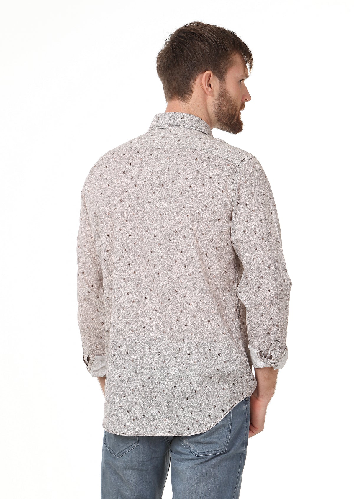 Kahverengi Baskılı Regular Fit Uzun Dokuma Casual %100 Pamuk Gömlek