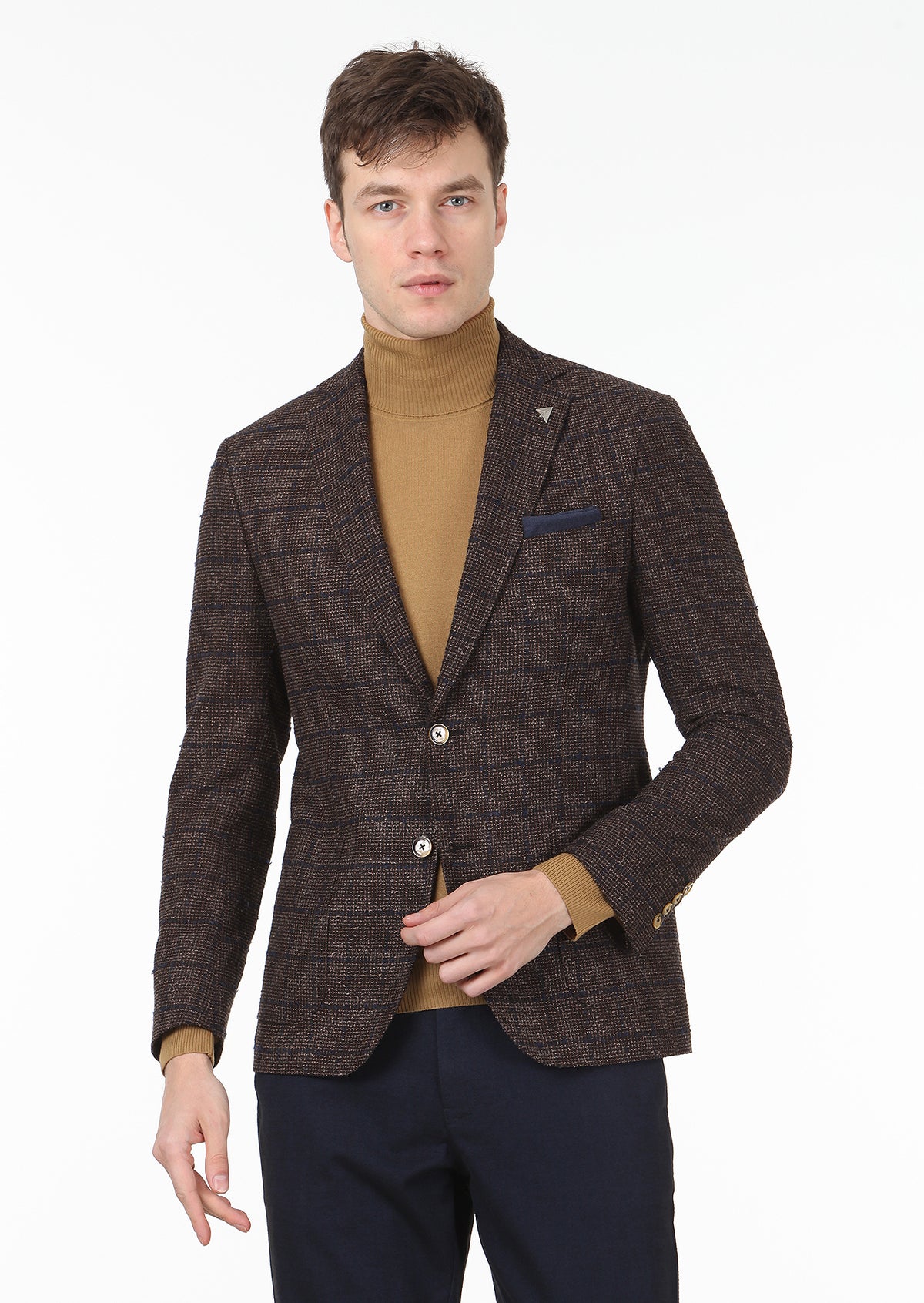 Koyu Kahve Kareli Zeroweight Slim Fit Yün Karışımlı Ceket
