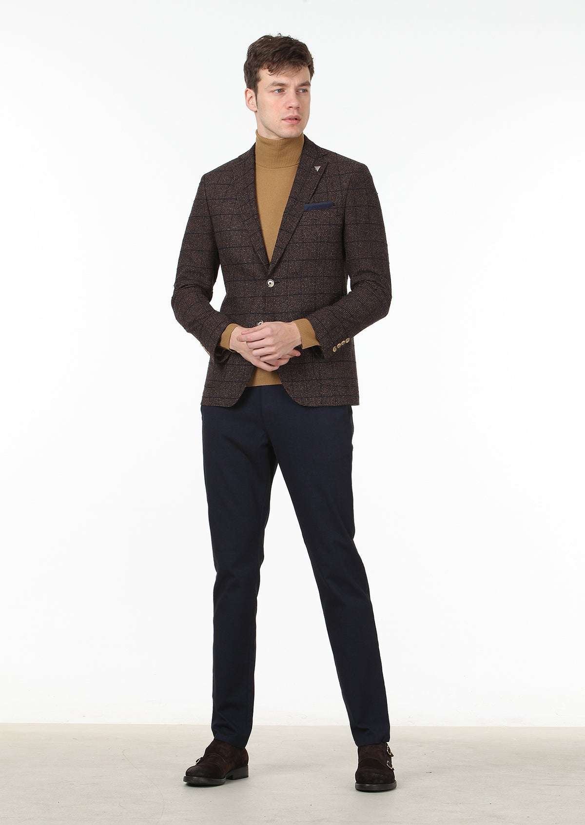 Koyu Kahve Kareli Zeroweight Slim Fit Yün Karışımlı Ceket