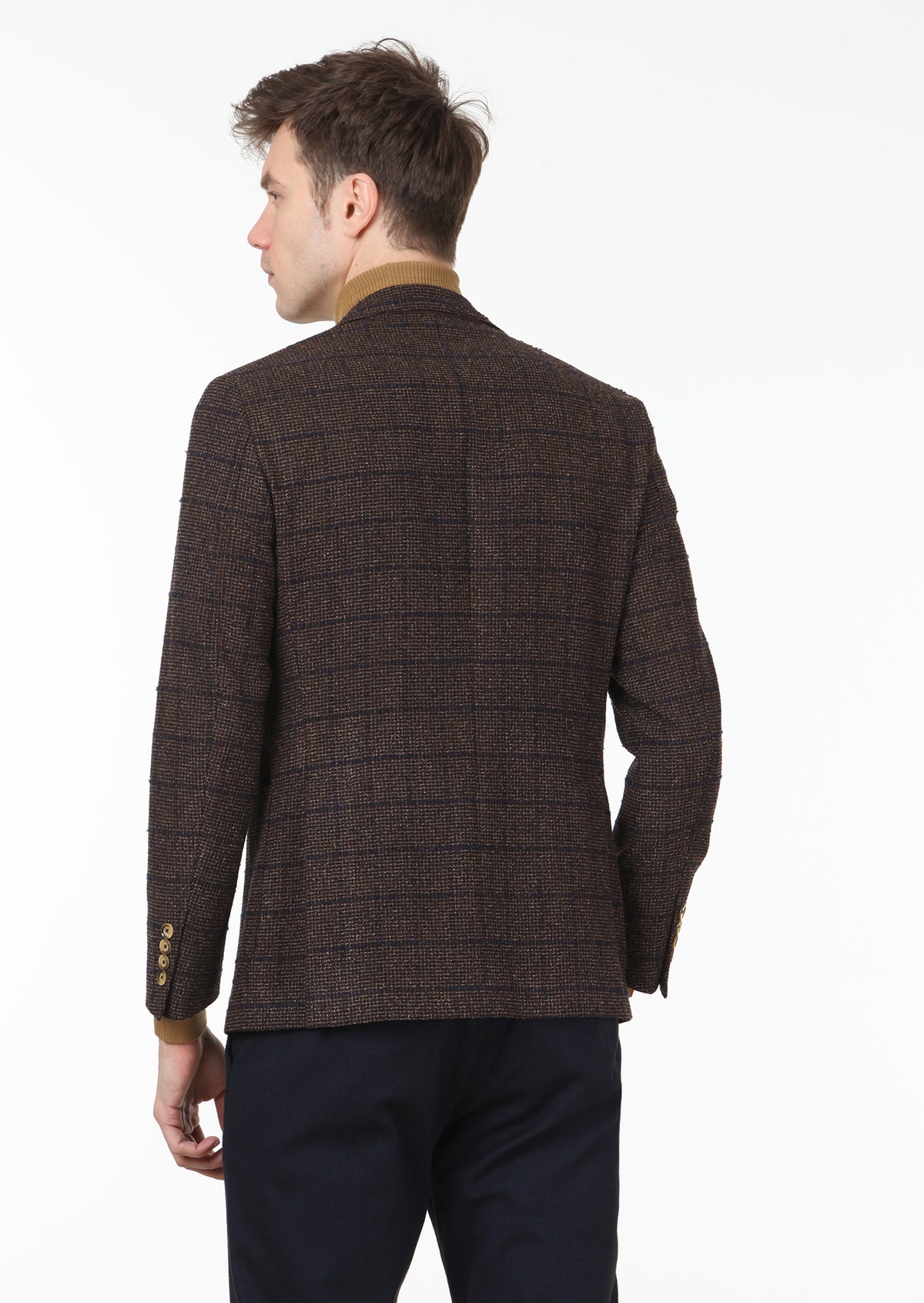 Koyu Kahve Kareli Zeroweight Slim Fit Yün Karışımlı Ceket
