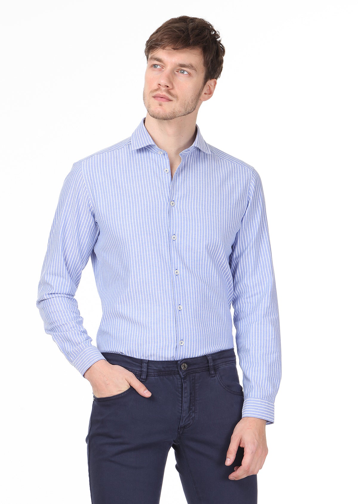 Mavi Çizgili Slim Fit Uzun Dokuma Casual %100 Pamuk Gömlek