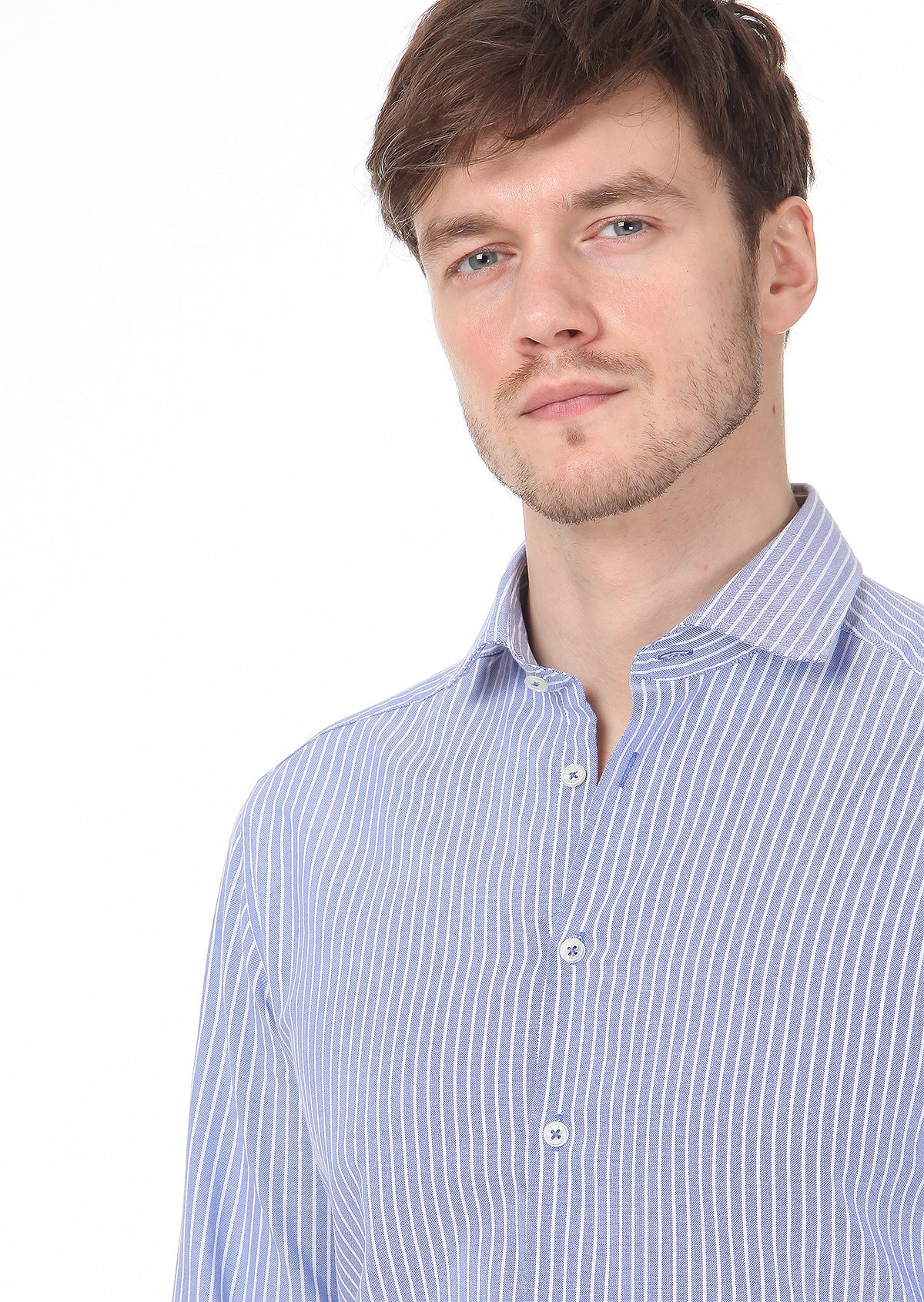 Mavi Çizgili Slim Fit Uzun Dokuma Casual %100 Pamuk Gömlek