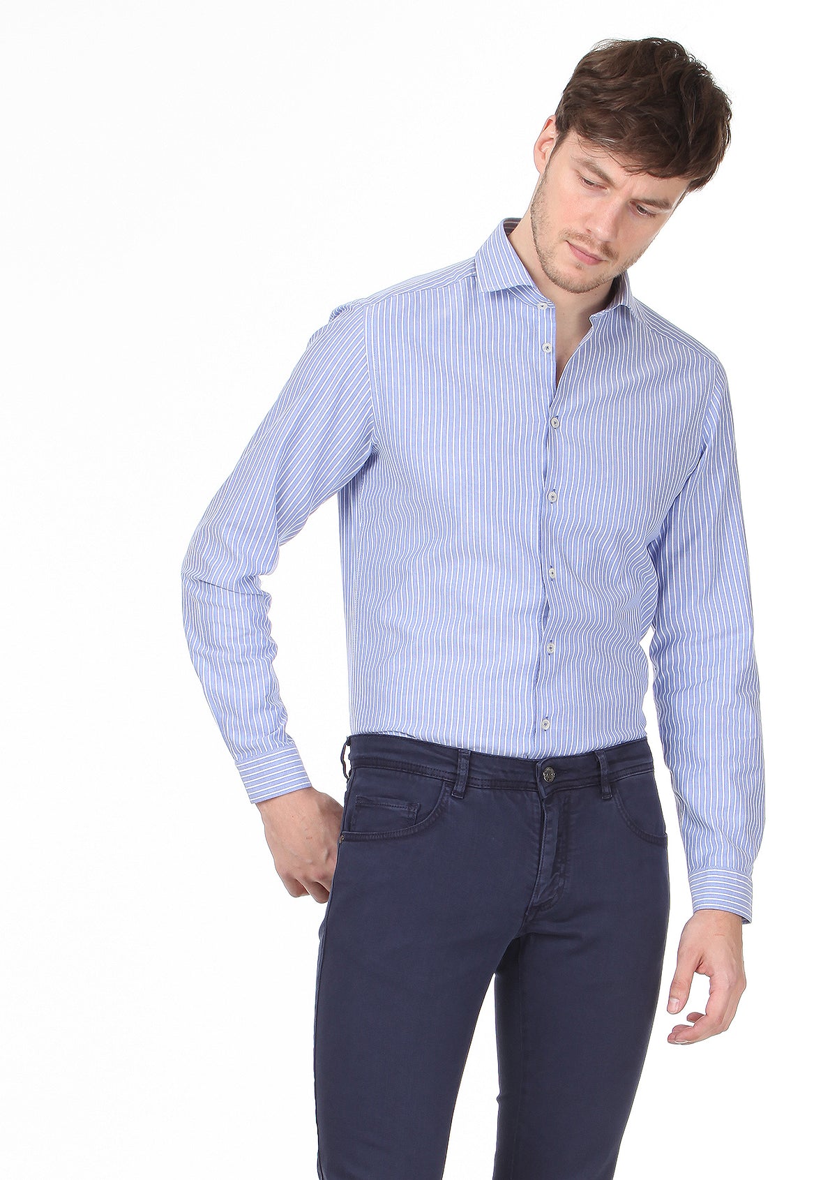 Mavi Çizgili Slim Fit Uzun Dokuma Casual %100 Pamuk Gömlek