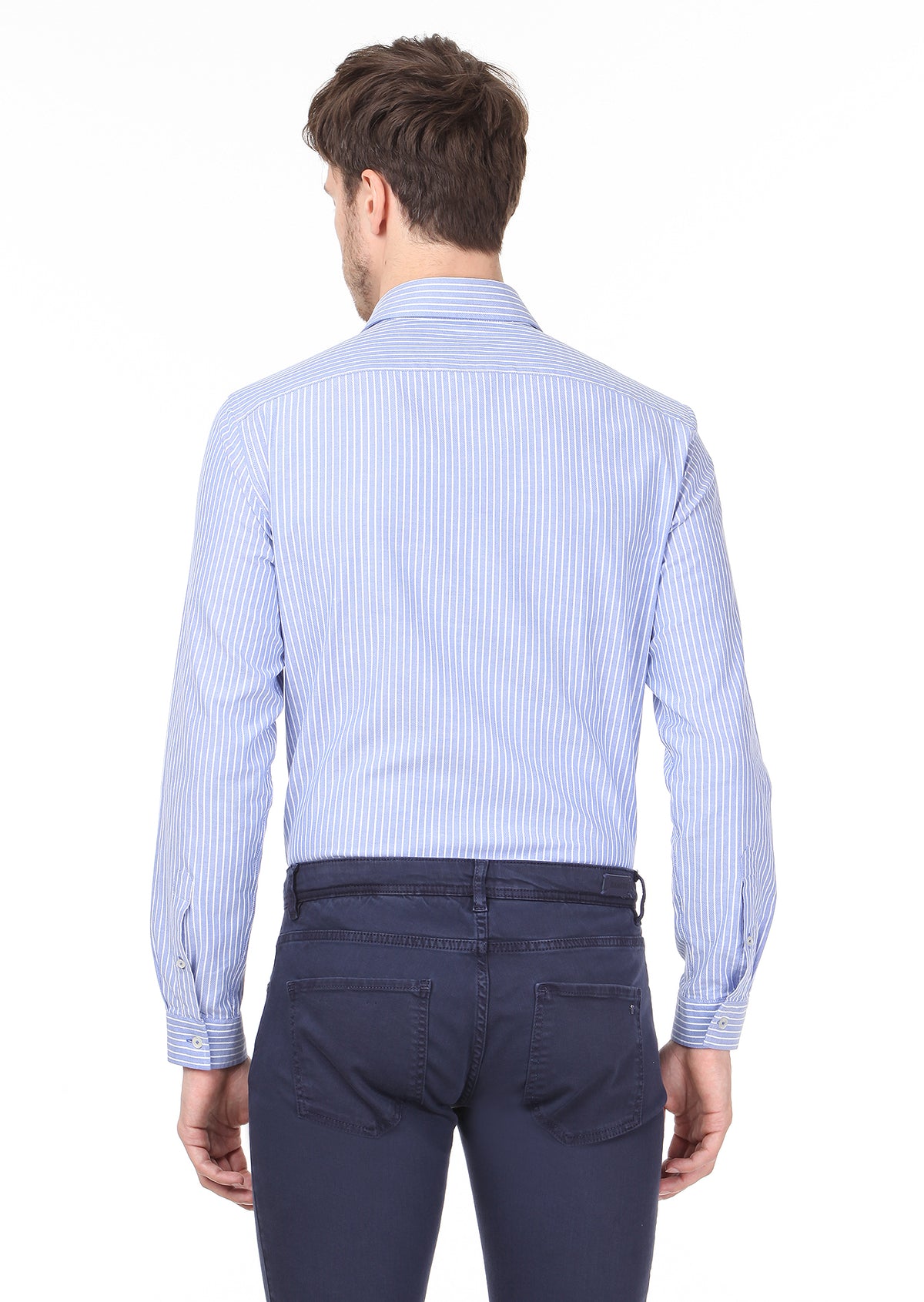 Mavi Çizgili Slim Fit Uzun Dokuma Casual %100 Pamuk Gömlek
