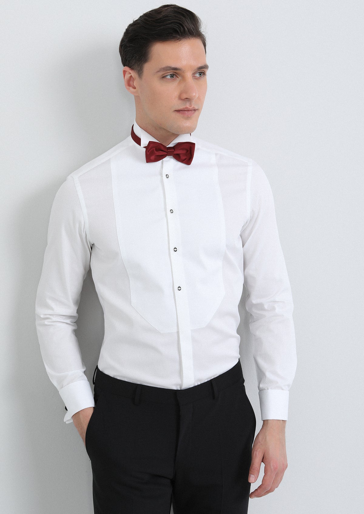 Beyaz Desenli Fitted Fit Duble Manşet Ata Yaka Smokin Gömlek