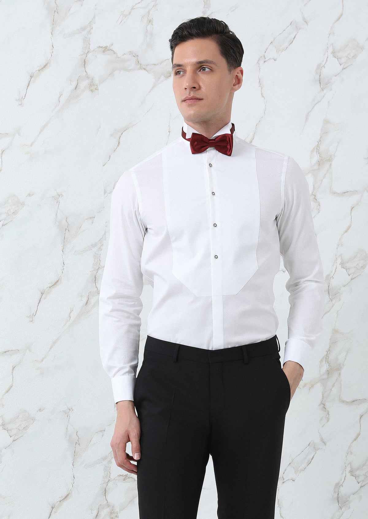Beyaz Desenli Fitted Fit Duble Manşet Ata Yaka Smokin Gömlek