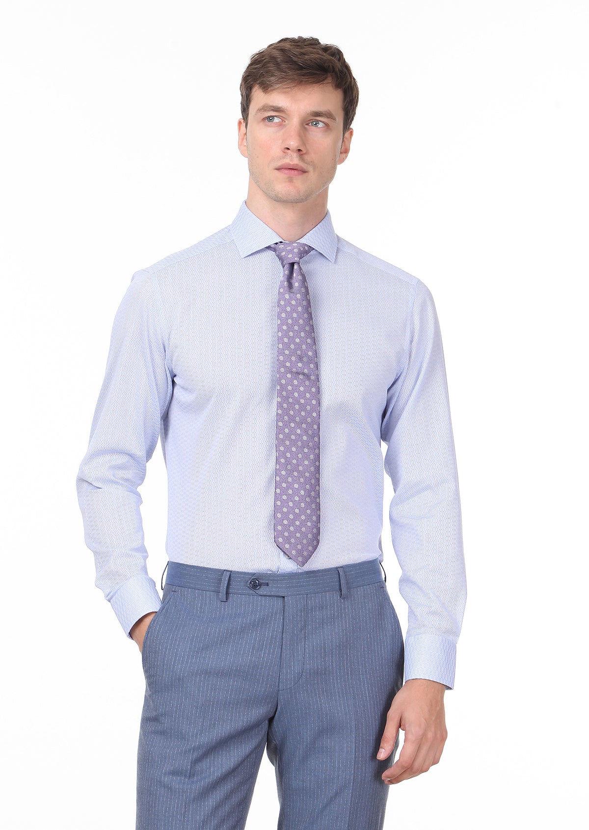 Mavi Desenli Slim Fit Uzun Dokuma Klasik %100 Pamuk Gömlek