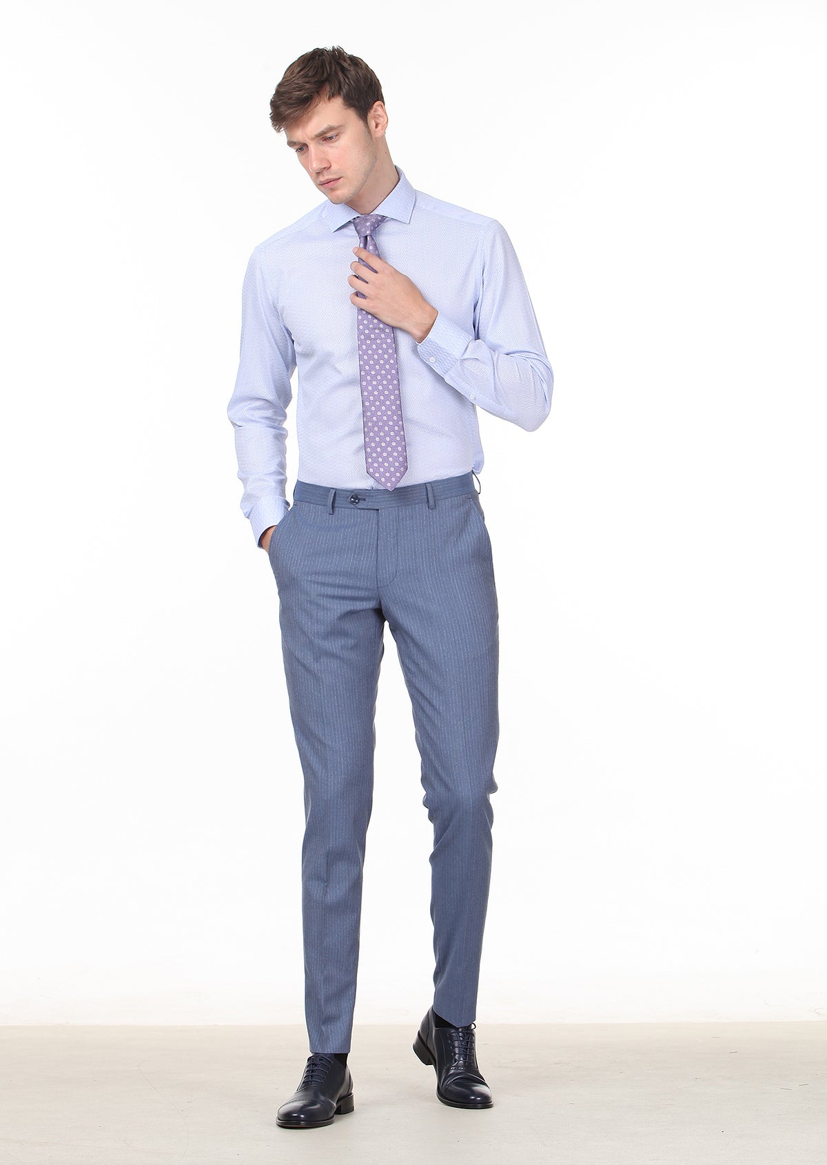 Mavi Desenli Slim Fit Uzun Dokuma Klasik %100 Pamuk Gömlek