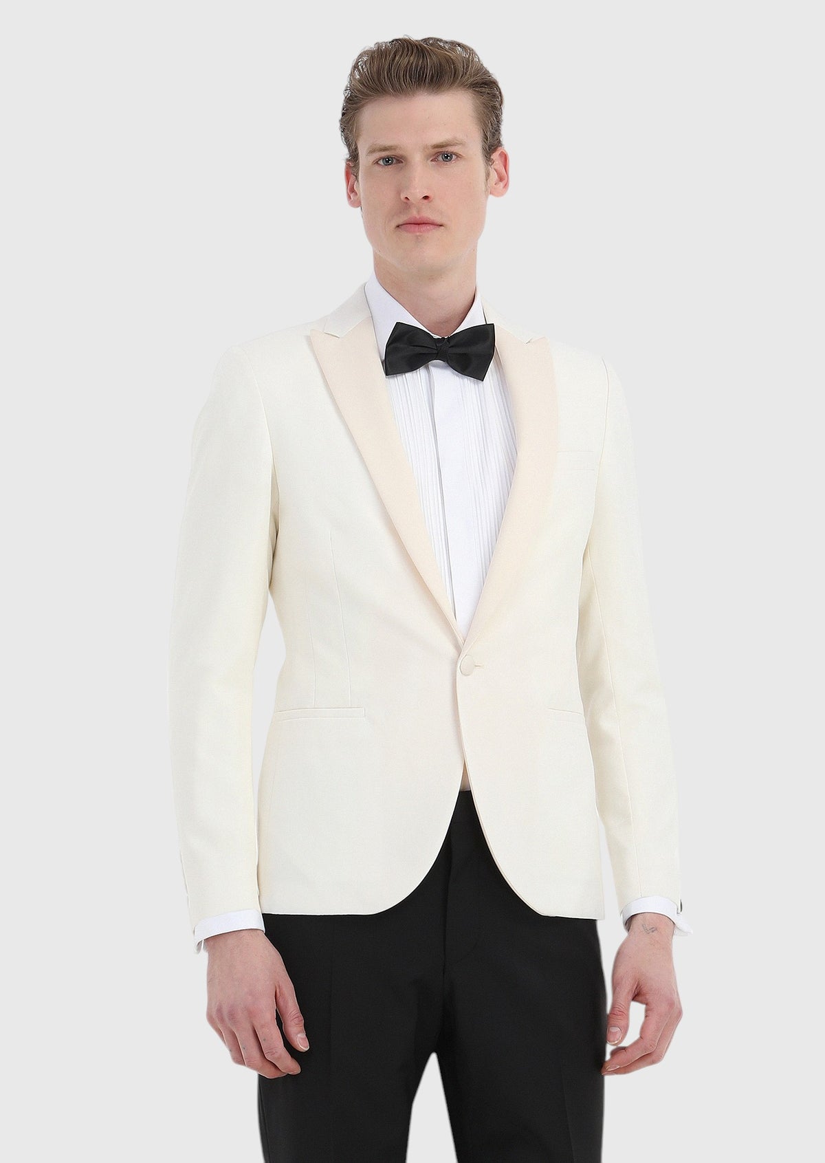Ekru Desenli Fashion Slim Fit Kruvaze Yaka Dokuma Smokin Takım Elbise