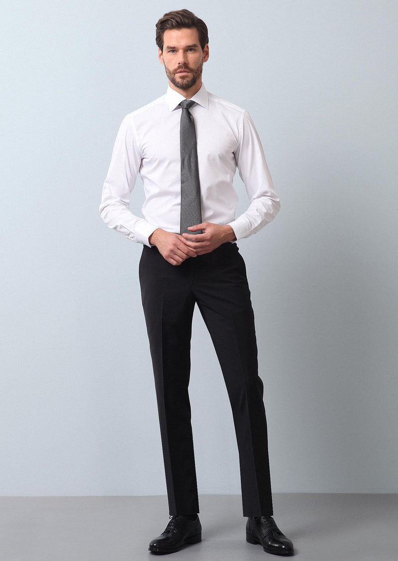 Beyaz Düz Fitted Fit Uzun Dokuma Klasik Pamuk Karışımlı Gömlek