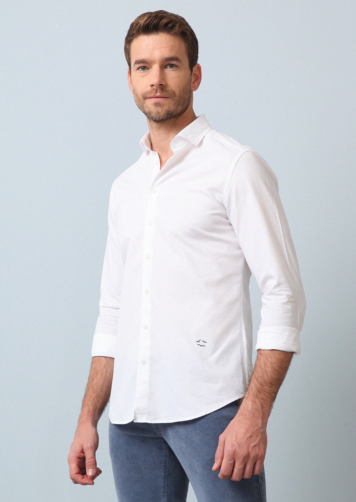 Beyaz Çizgili Slim Fit Uzun Dokuma Casual %100 Pamuk Gömlek
