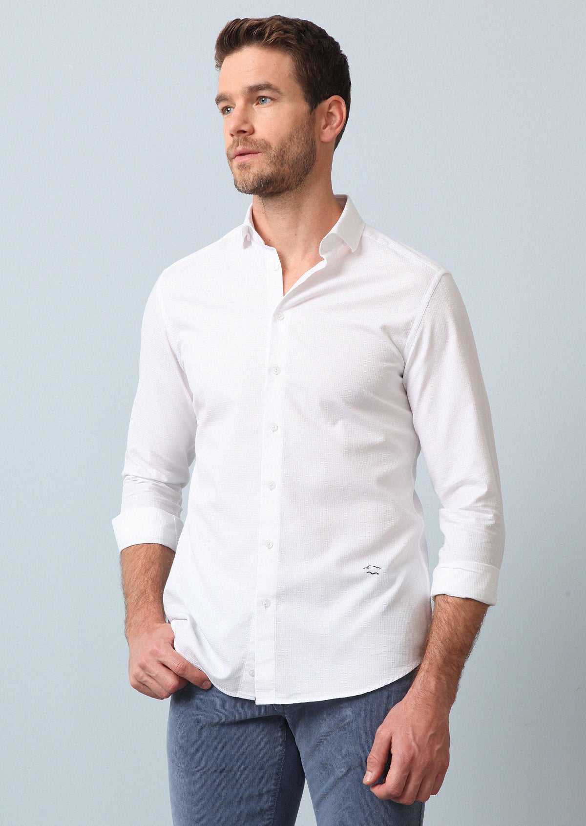 Beyaz Çizgili Slim Fit Uzun Dokuma Casual %100 Pamuk Gömlek
