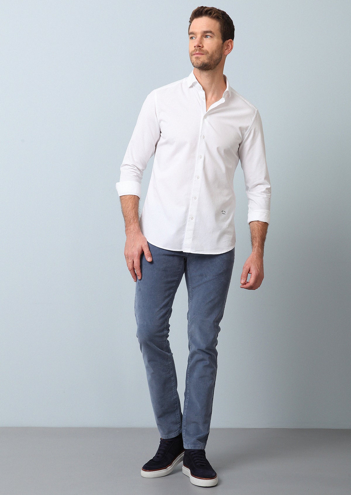 Beyaz Çizgili Slim Fit Uzun Dokuma Casual %100 Pamuk Gömlek