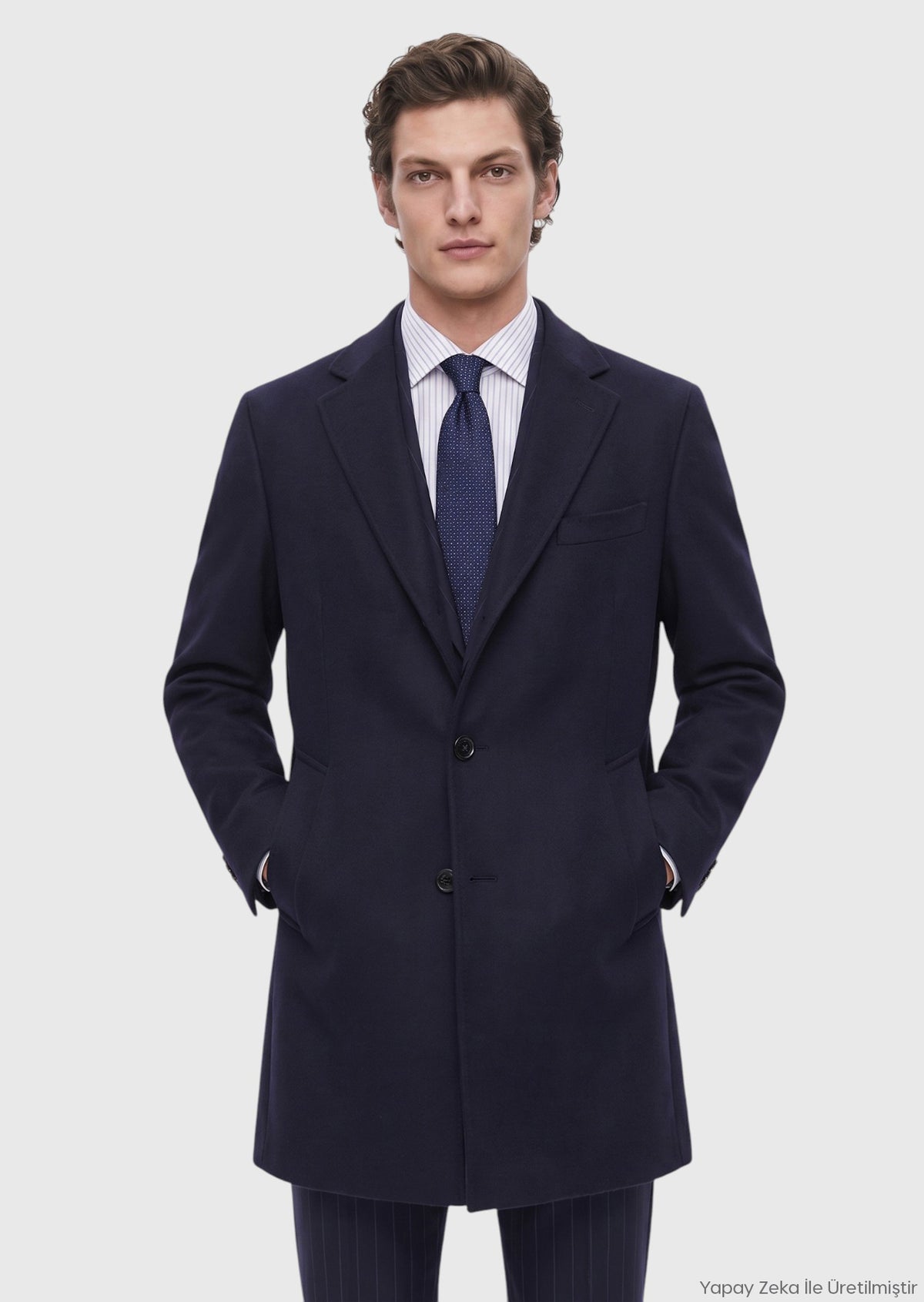 Lacivert Regular Fit Kelebek Yaka Dokuma Palto