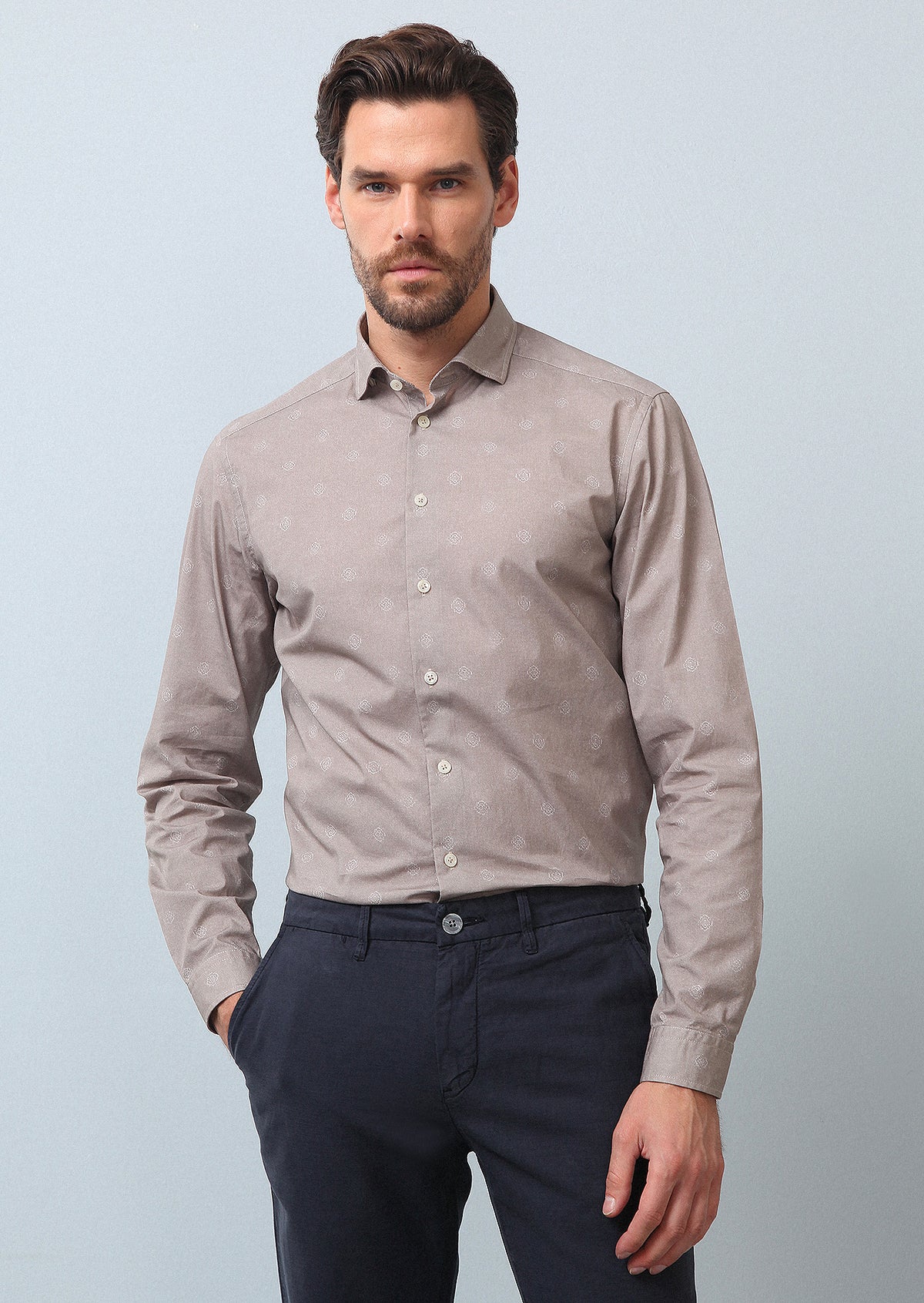 Beige Printed Slim Fit Long Weaving Casual 100% Cotton Shirt