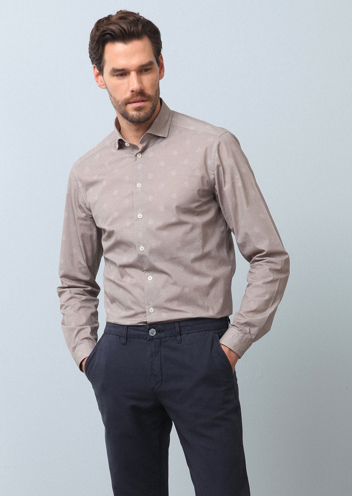 Bej Baskılı Slim Fit Uzun Dokuma Casual %100 Pamuk Gömlek