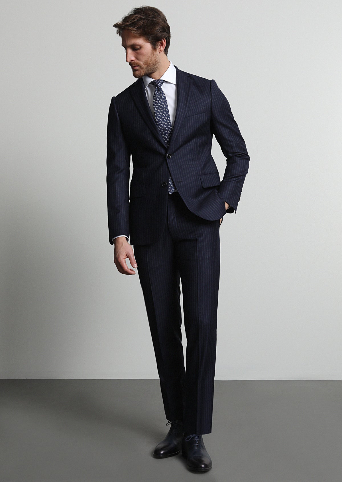 Navy Blue Striped Regular Fit Wool Blended Suit