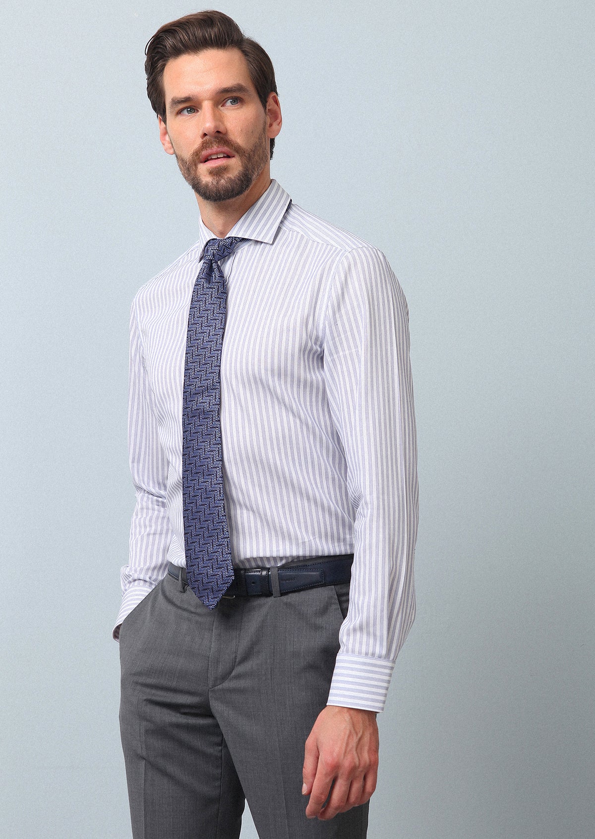 Lacivert Çizgili Slim Fit Uzun Dokuma Klasik %100 Pamuk Gömlek