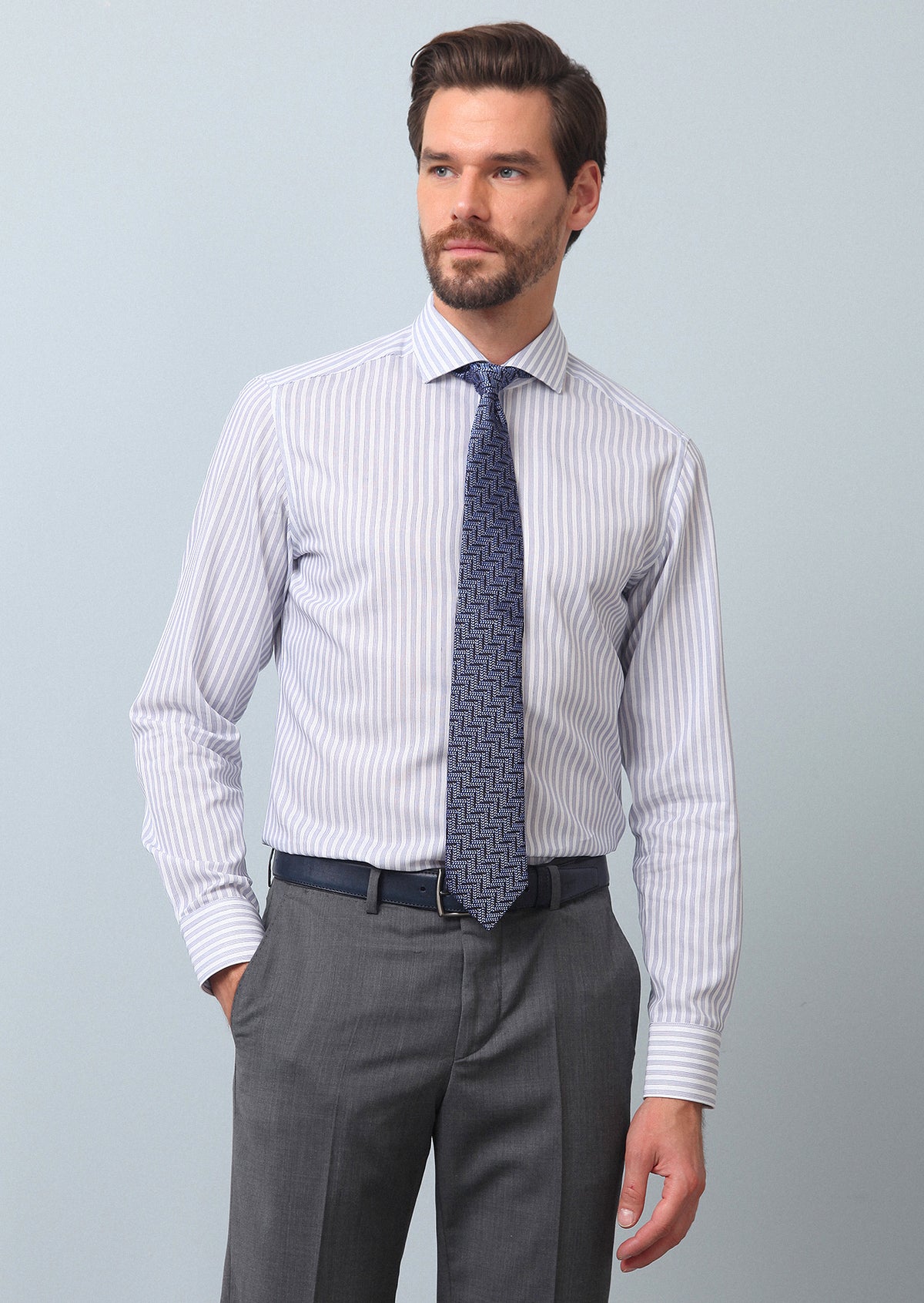 Lacivert Çizgili Slim Fit Uzun Dokuma Klasik %100 Pamuk Gömlek