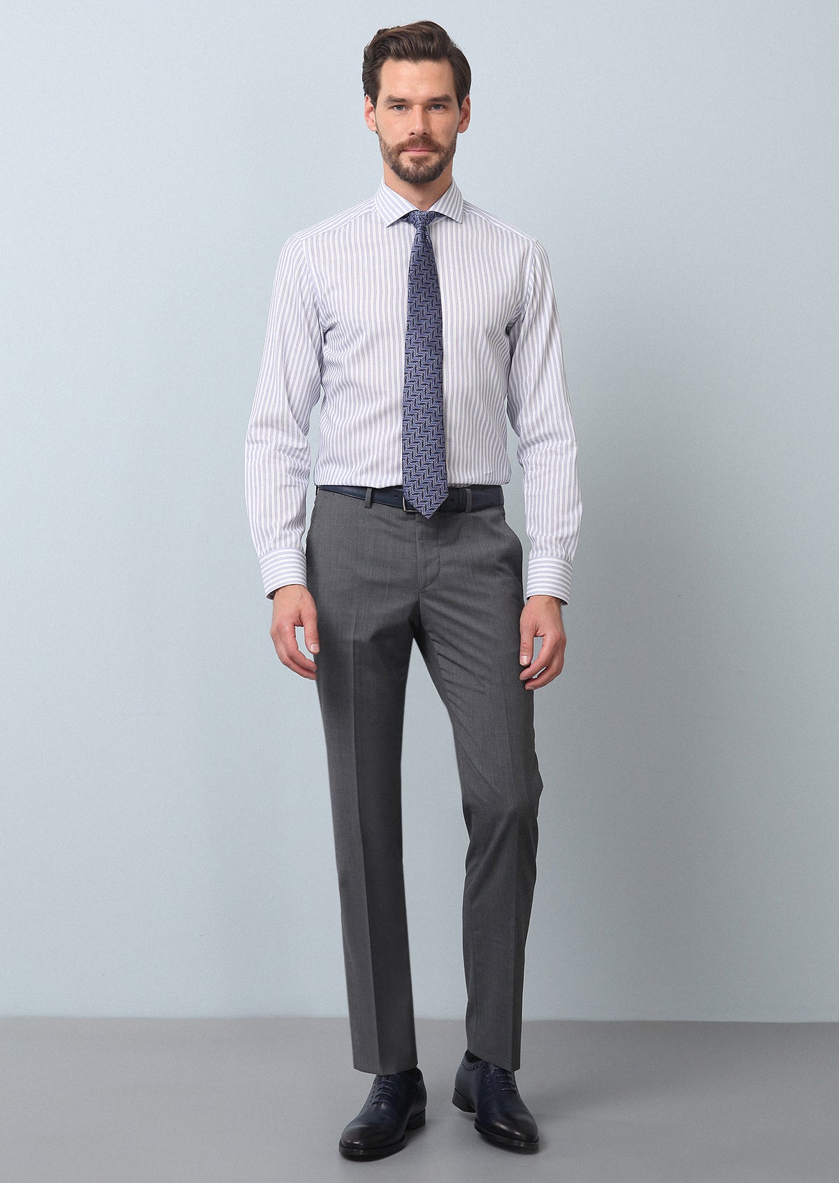 Lacivert Çizgili Slim Fit Uzun Dokuma Klasik %100 Pamuk Gömlek