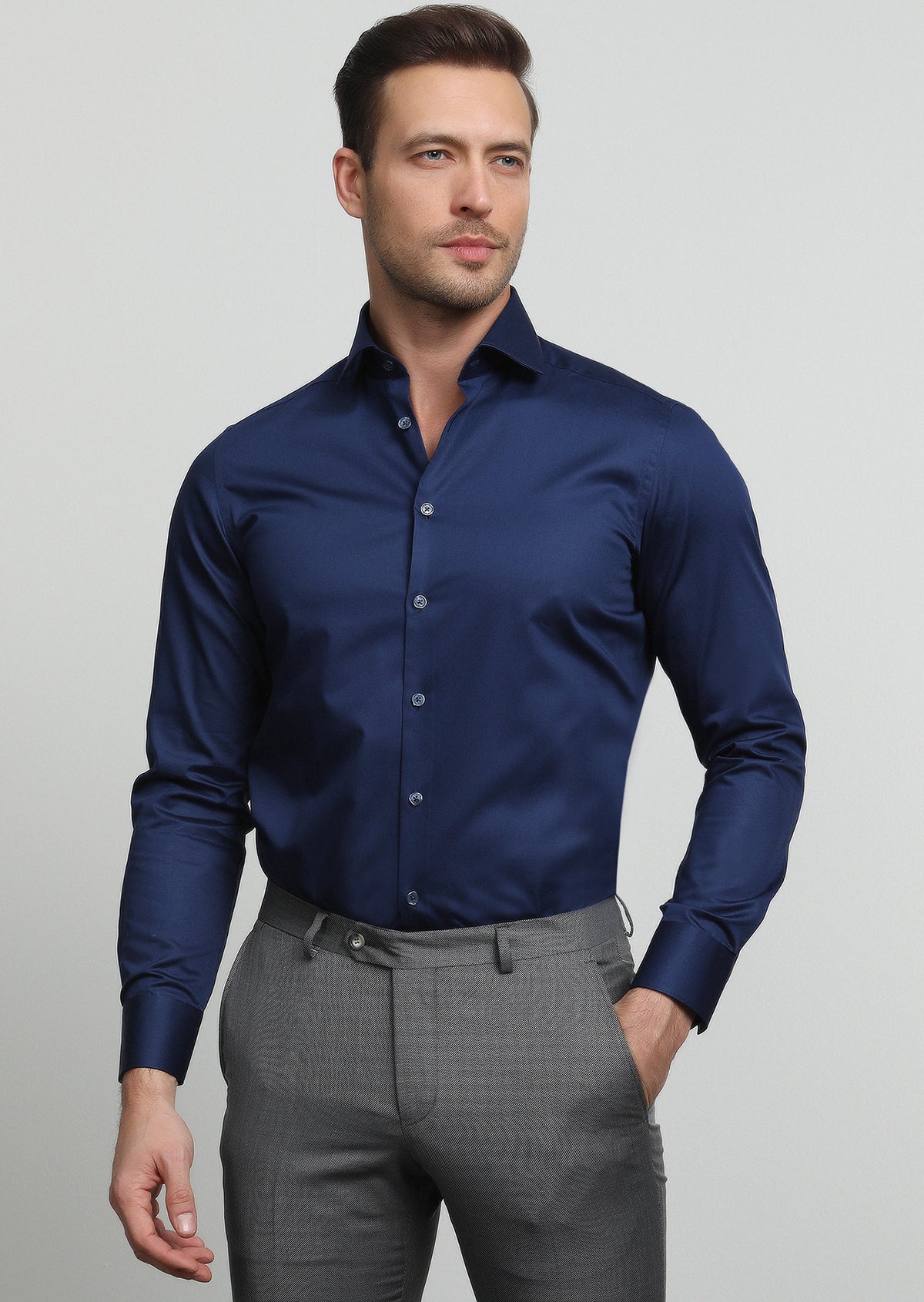 Lacivert Düz Slim Fit Uzun Dokuma Klasik %100 Pamuk Gömlek