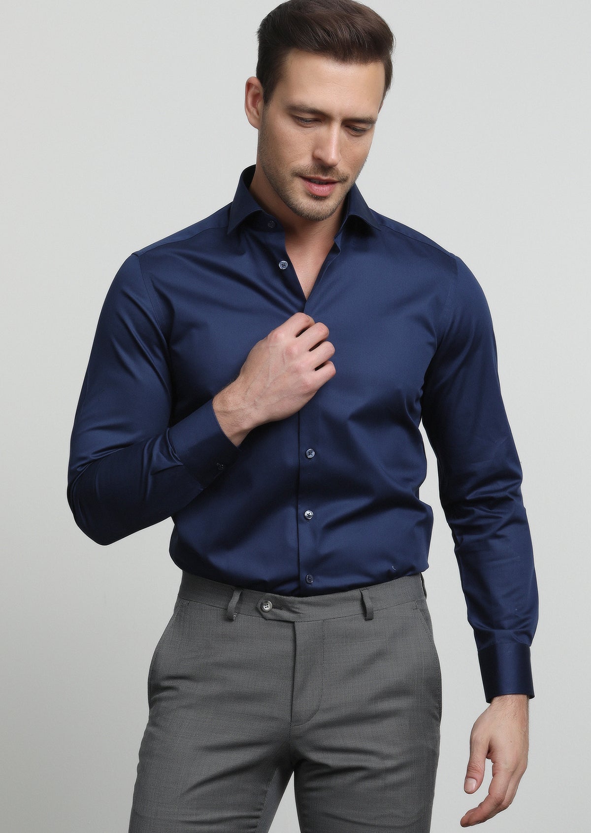 Lacivert Düz Slim Fit Uzun Dokuma Klasik %100 Pamuk Gömlek