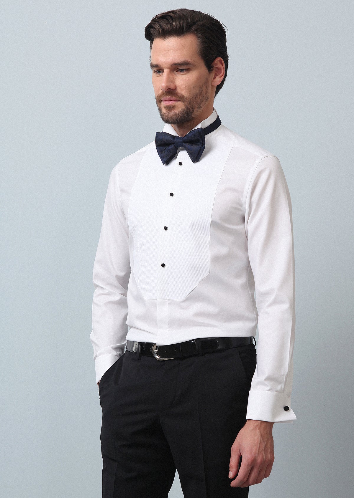 Beyaz Düz Fitted Fit Duble Manşet Ata Yaka Smokin Gömlek