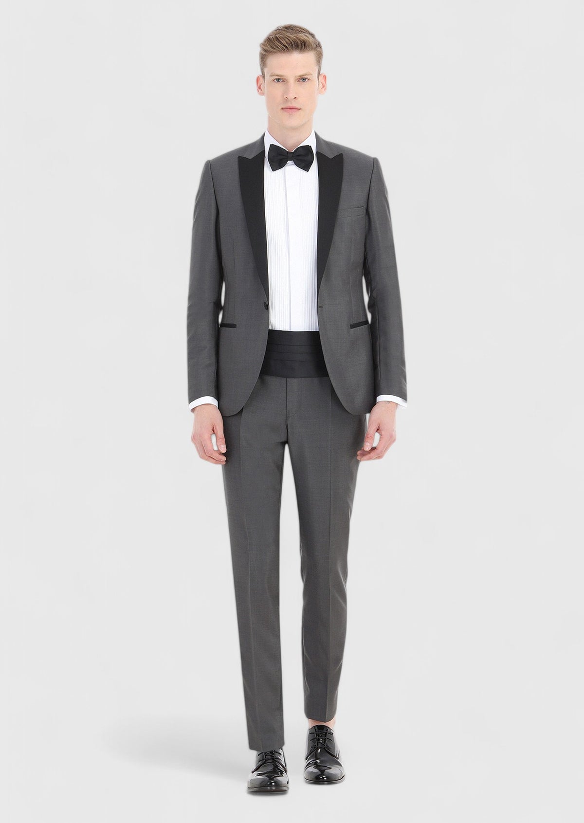 Koyu Gri Düz Fashion Slim Fit Kruvaze Yaka Dokuma Smokin Takım Elbise