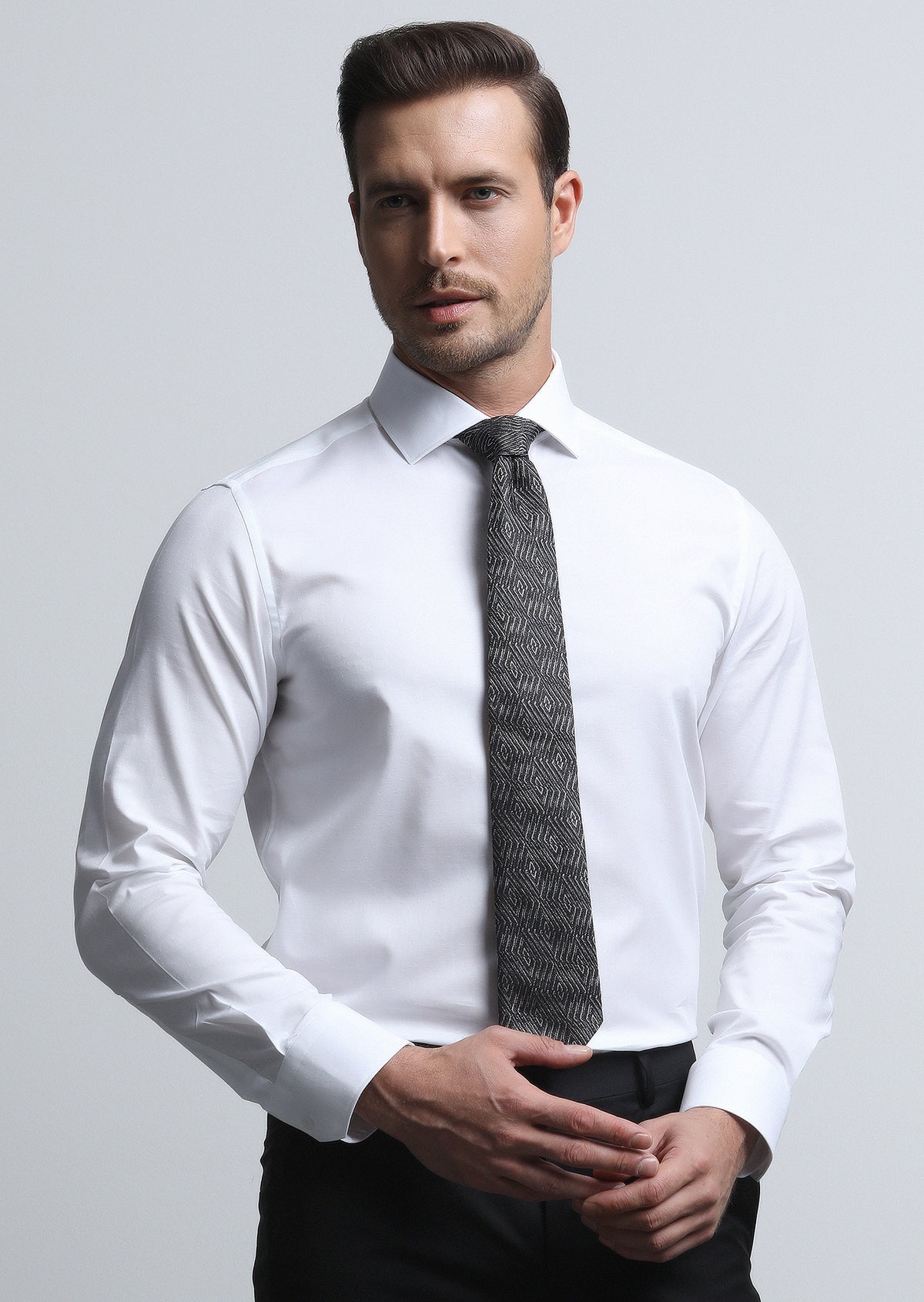 White Regular Fit Long Weaving Classical 100% Cotton Shirt