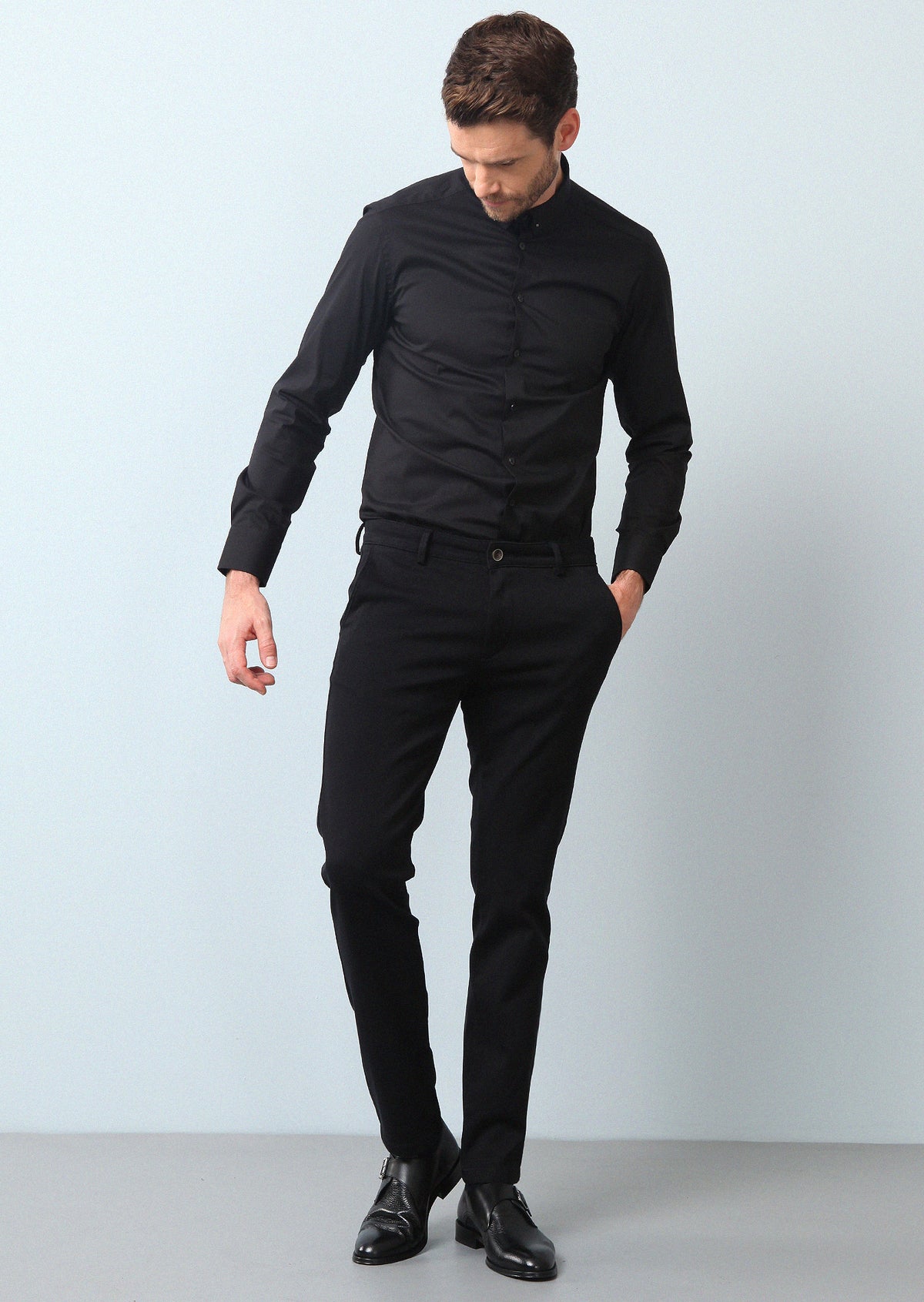 Siyah Düz Slim Fit Uzun Dokuma Klasik Pamuk Karışımlı Gömlek
