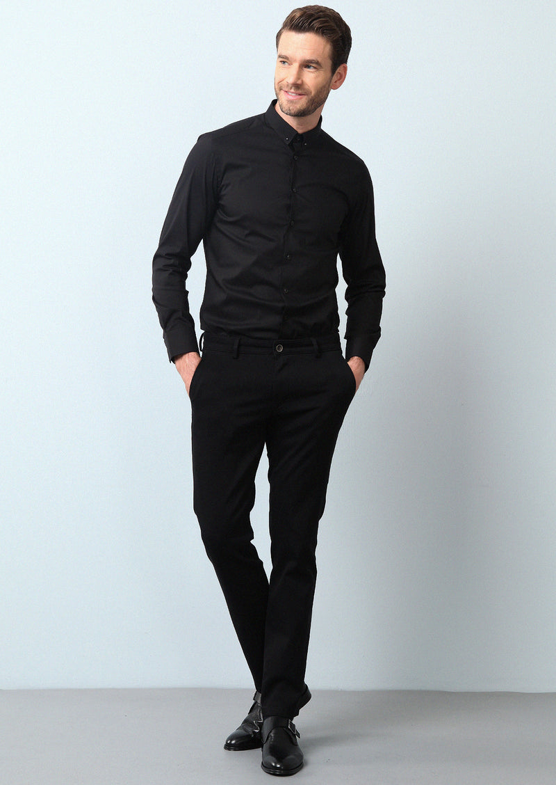 Siyah Düz Slim Fit Uzun Dokuma Klasik Pamuk Karışımlı Gömlek