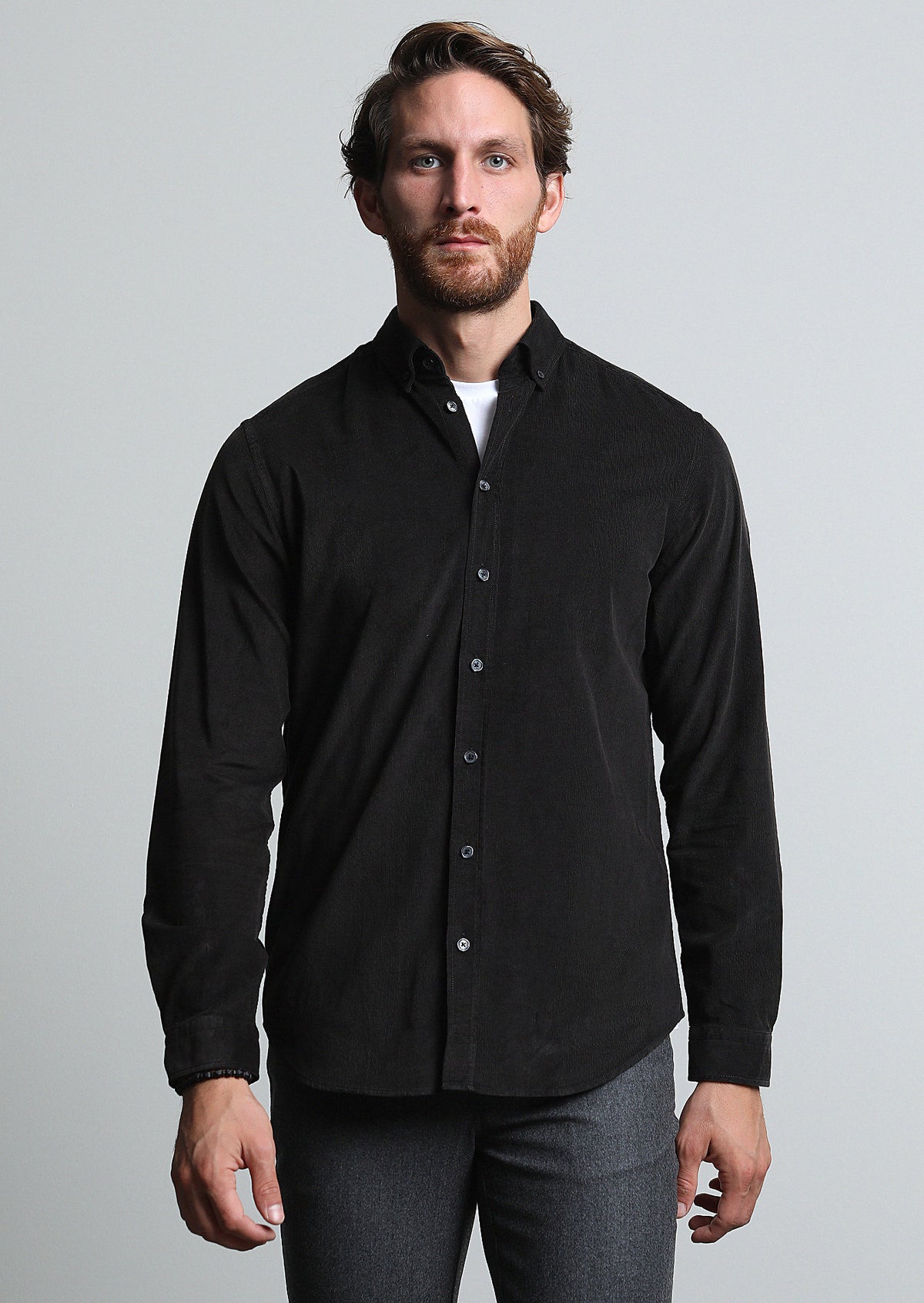 Black Ribbed Regular Fit Long Weaving Casual 100% Cotton Shirt