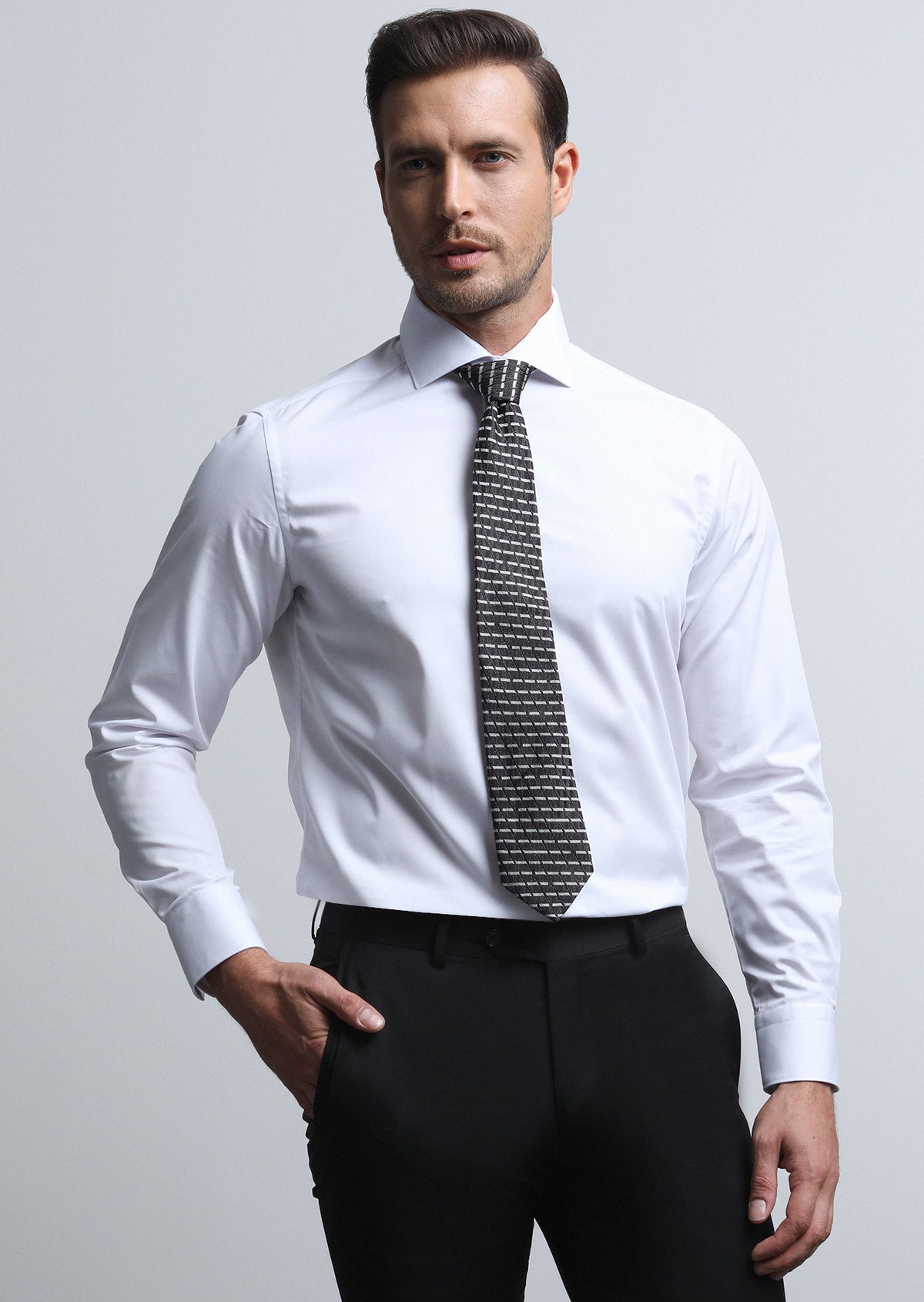 Beyaz Düz Regular Fit Uzun Dokuma Klasik Pamuk Karışımlı Gömlek