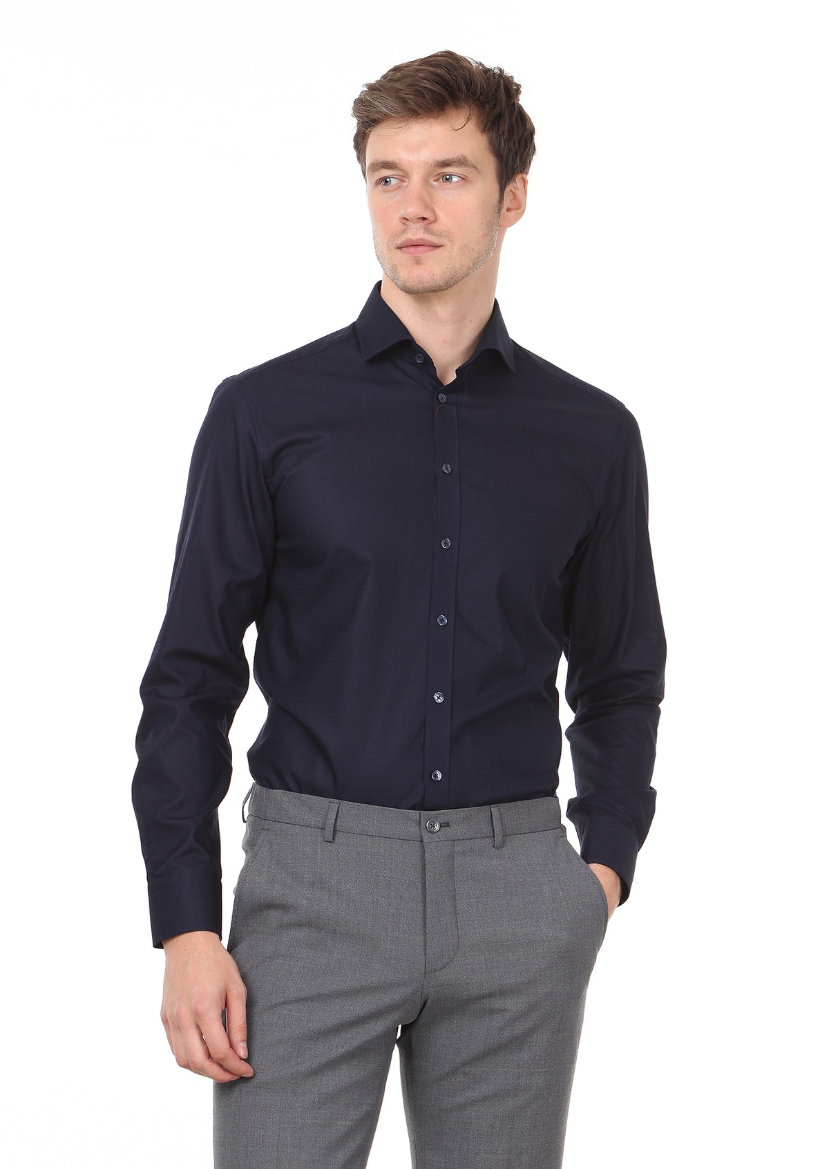 Navy Blue Patterned Regular Fit Long Weaving Classical 100% Cotton Shirt