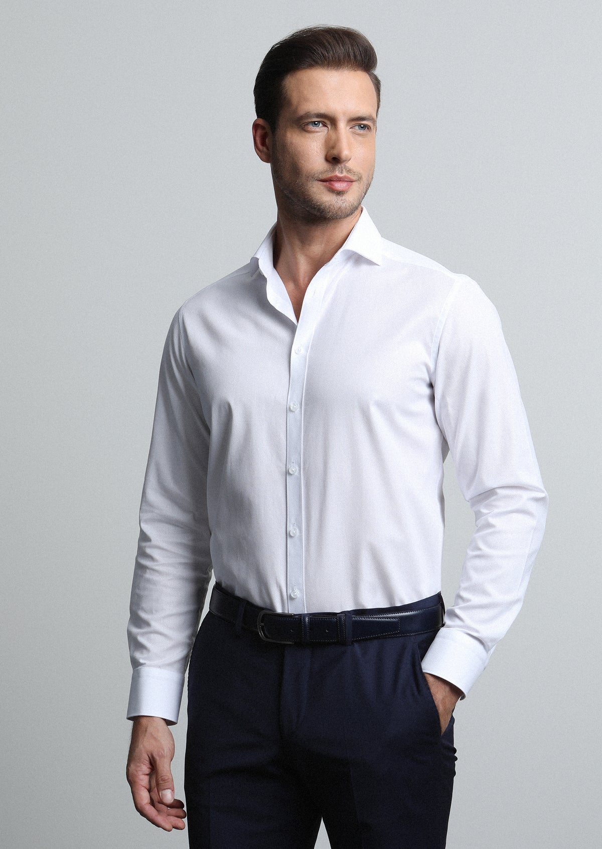 White Patterned Regular Fit Long Weaving Classical 100% Cotton Shirt
