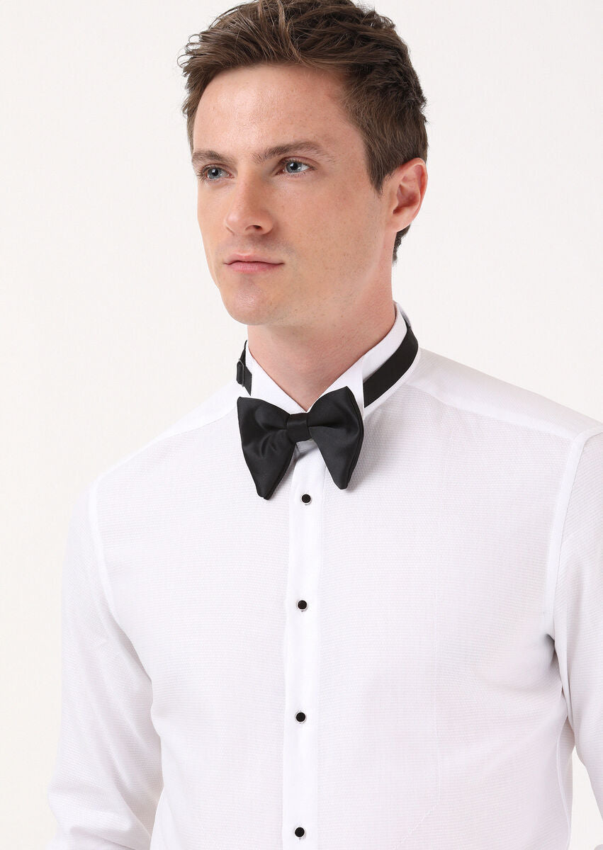 Beyaz Düz Slim Fit Duble Manşet Ata Yaka Smokin Gömlek