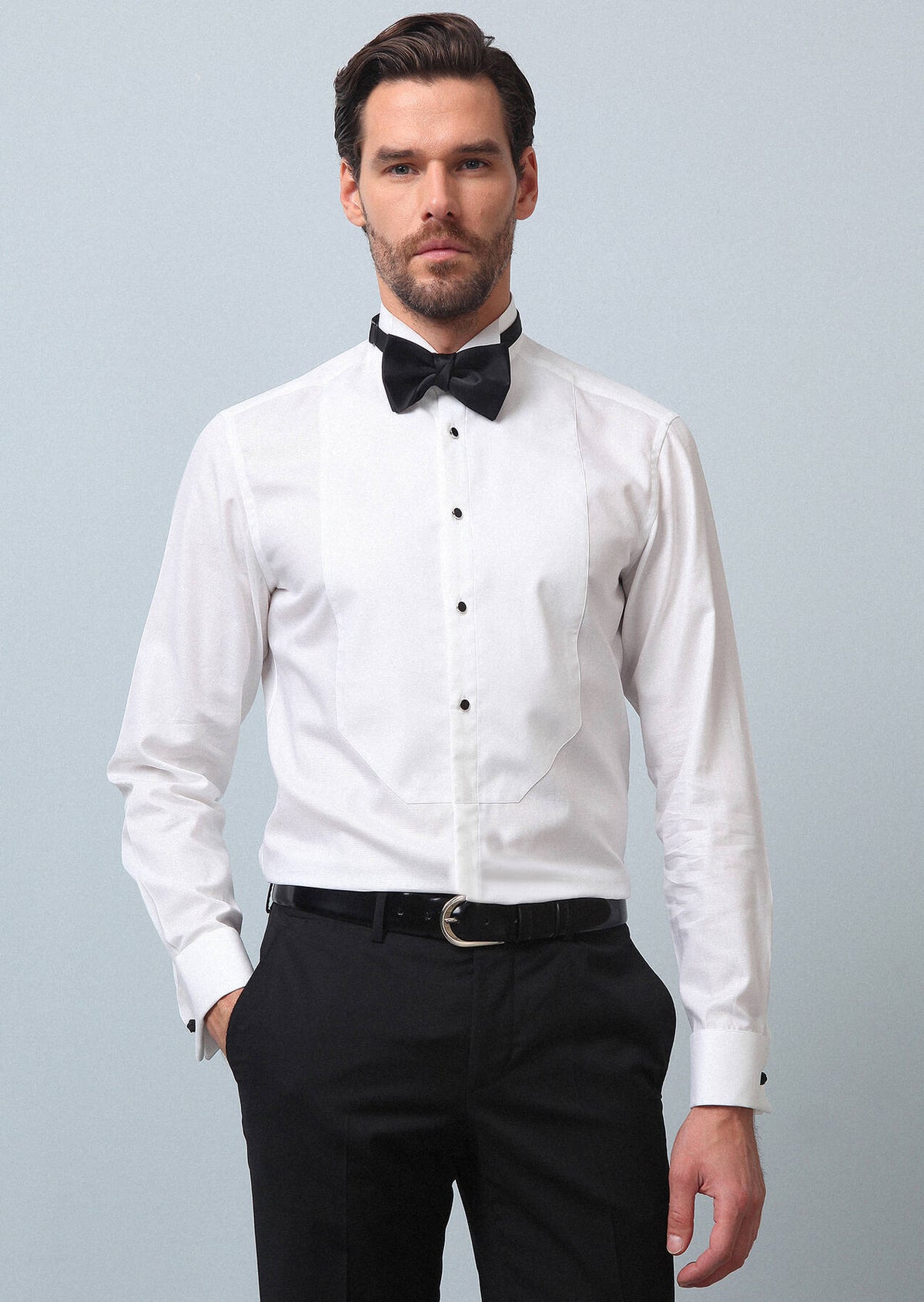 Beyaz Düz Slim Fit Duble Manşet Ata Yaka Smokin Gömlek