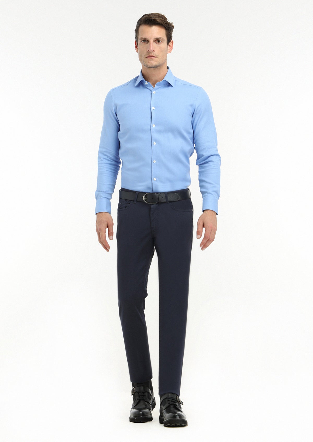 Navy Blue Weaving Slim Fit Casual Cotton Blended Trousers