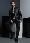 Siyah Regular Fit Gömlek Yaka Casual Deri Deri Mont