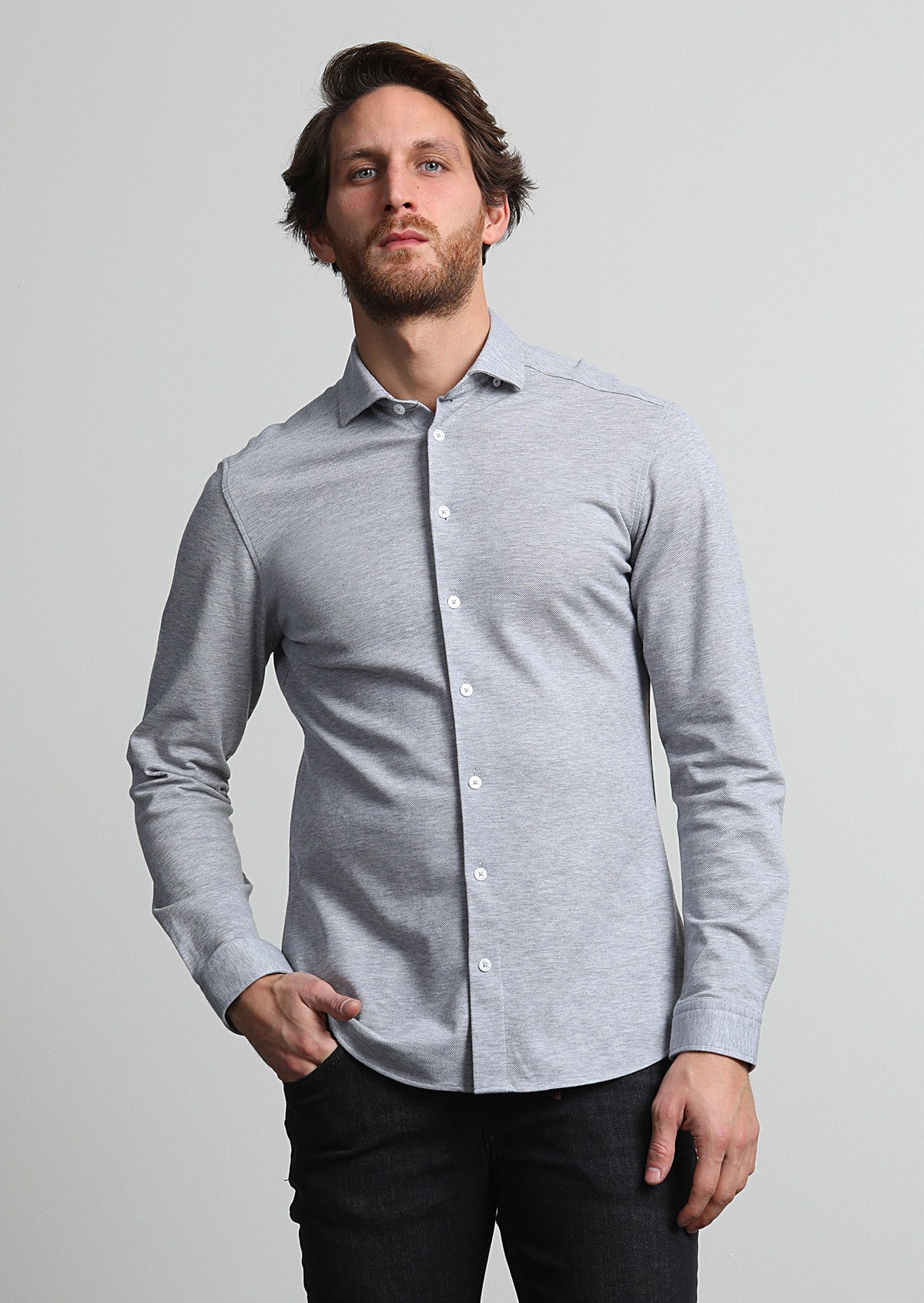 Gri Fitted Fit Uzun Casual %100 Pamuk Gömlek