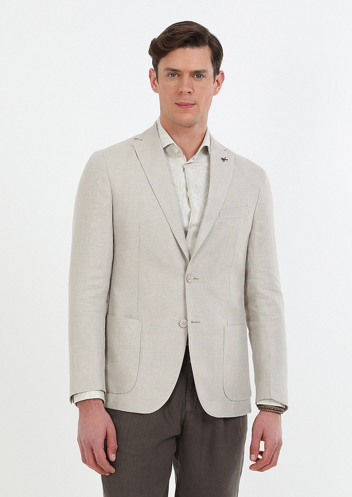Bej Düz Zeroweight Slim Fit %100 Keten Ceket