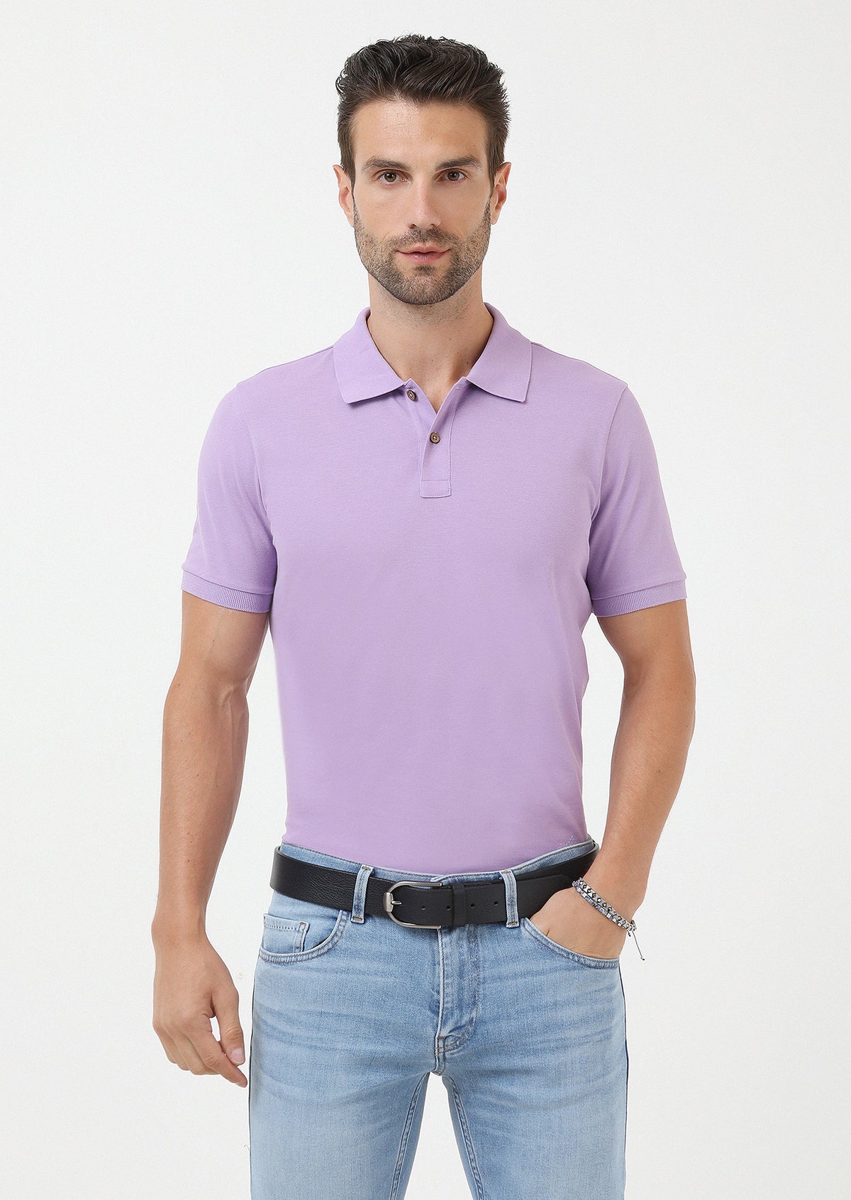 Lila Düz Polo Yaka %100 Pamuk T-Shirt