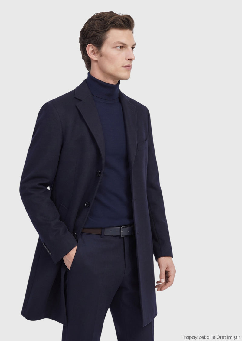 Lacivert Regular Fit Kelebek Yaka Klasik Dokuma Palto