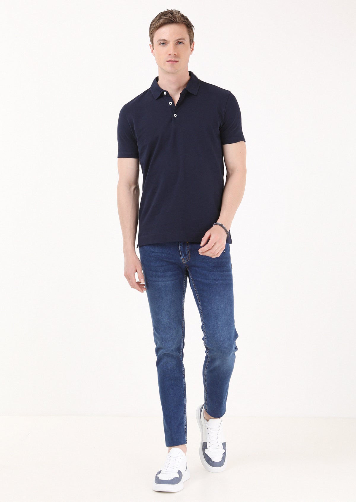 Lacivert Jakarlı Polo Yaka %100 Pamuk T-Shirt