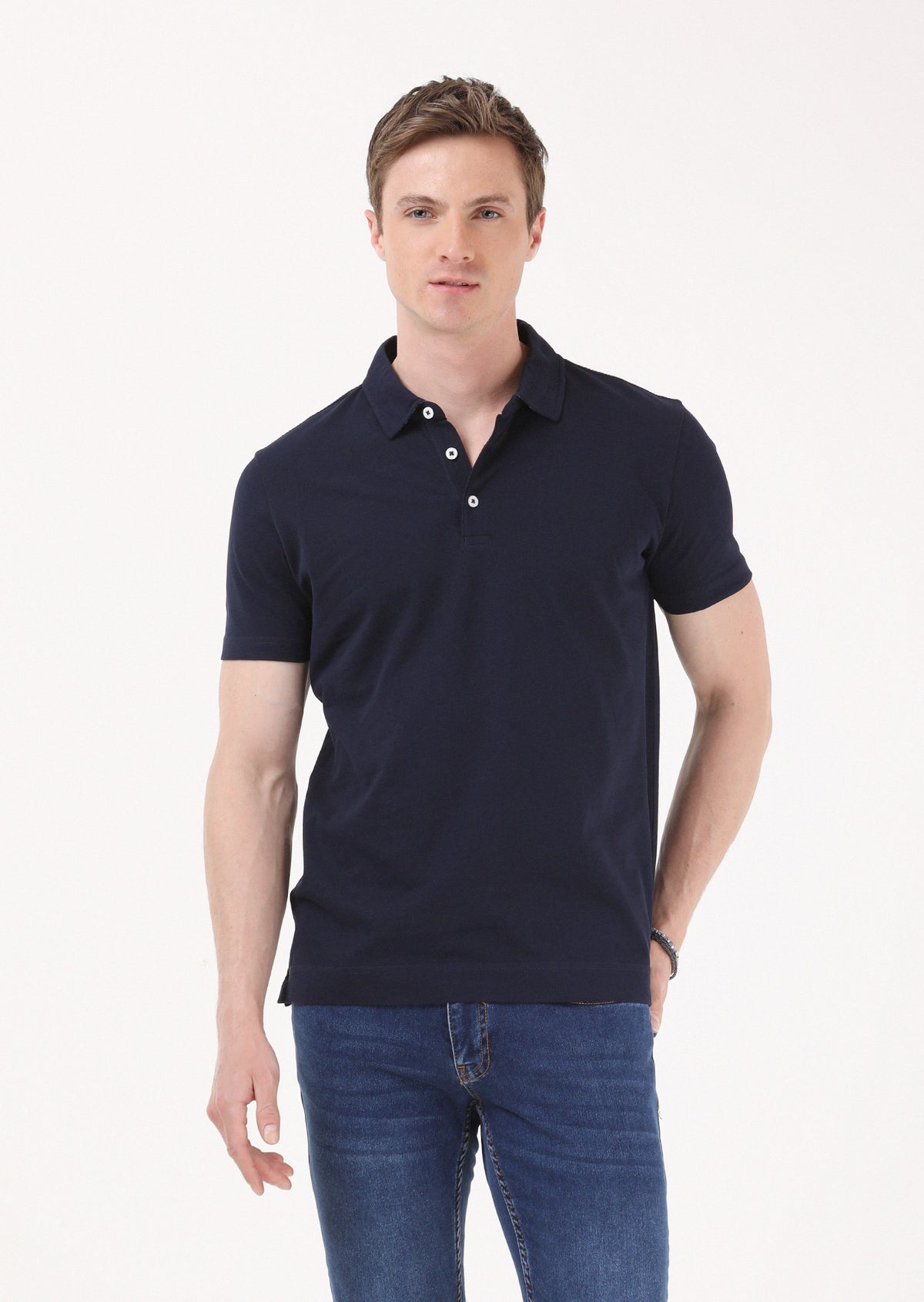 Lacivert Jakarlı Polo Yaka %100 Pamuk T-Shirt