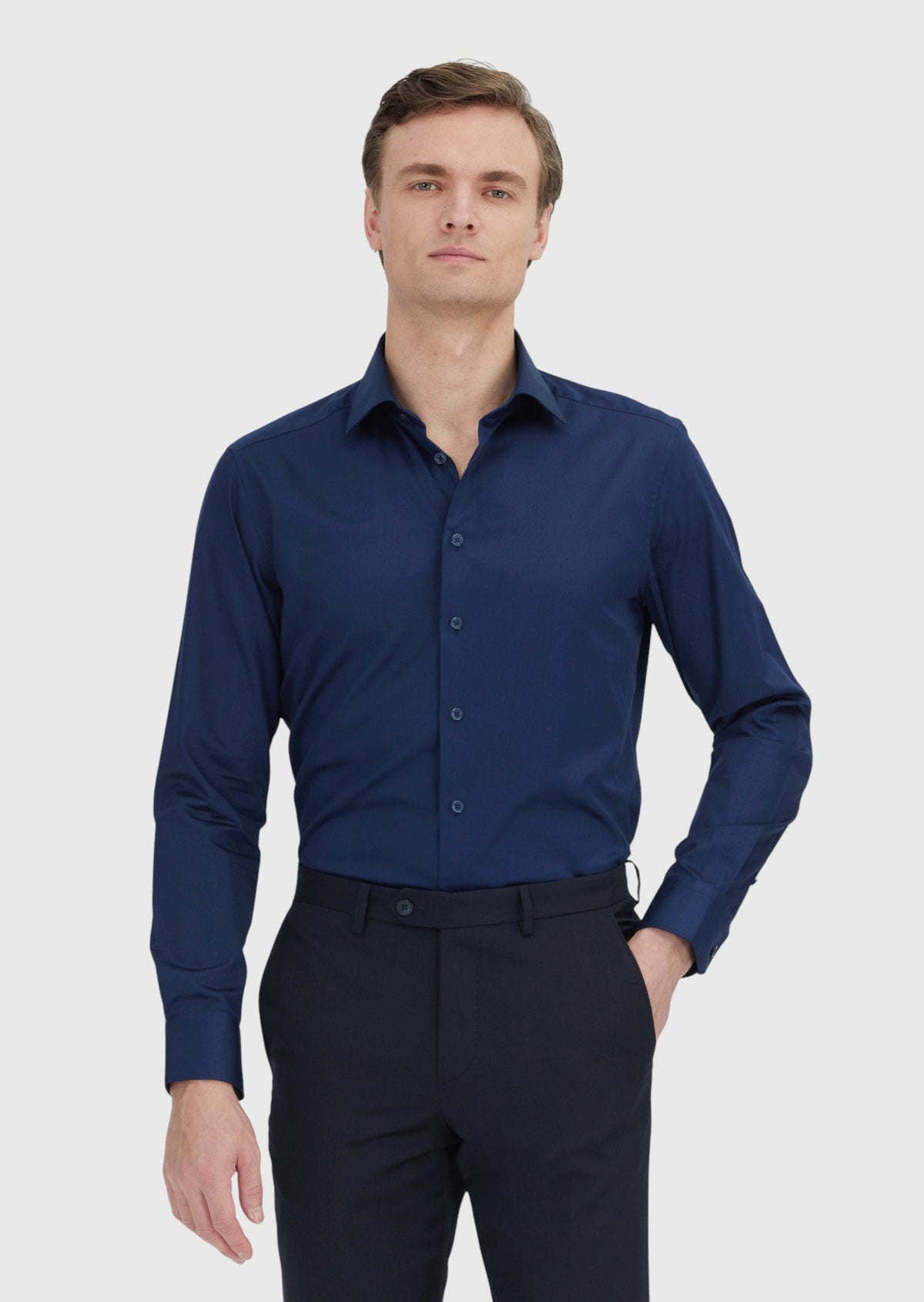 Lacivert Düz Slim Fit Uzun Dokuma Klasik %100 Pamuk Gömlek