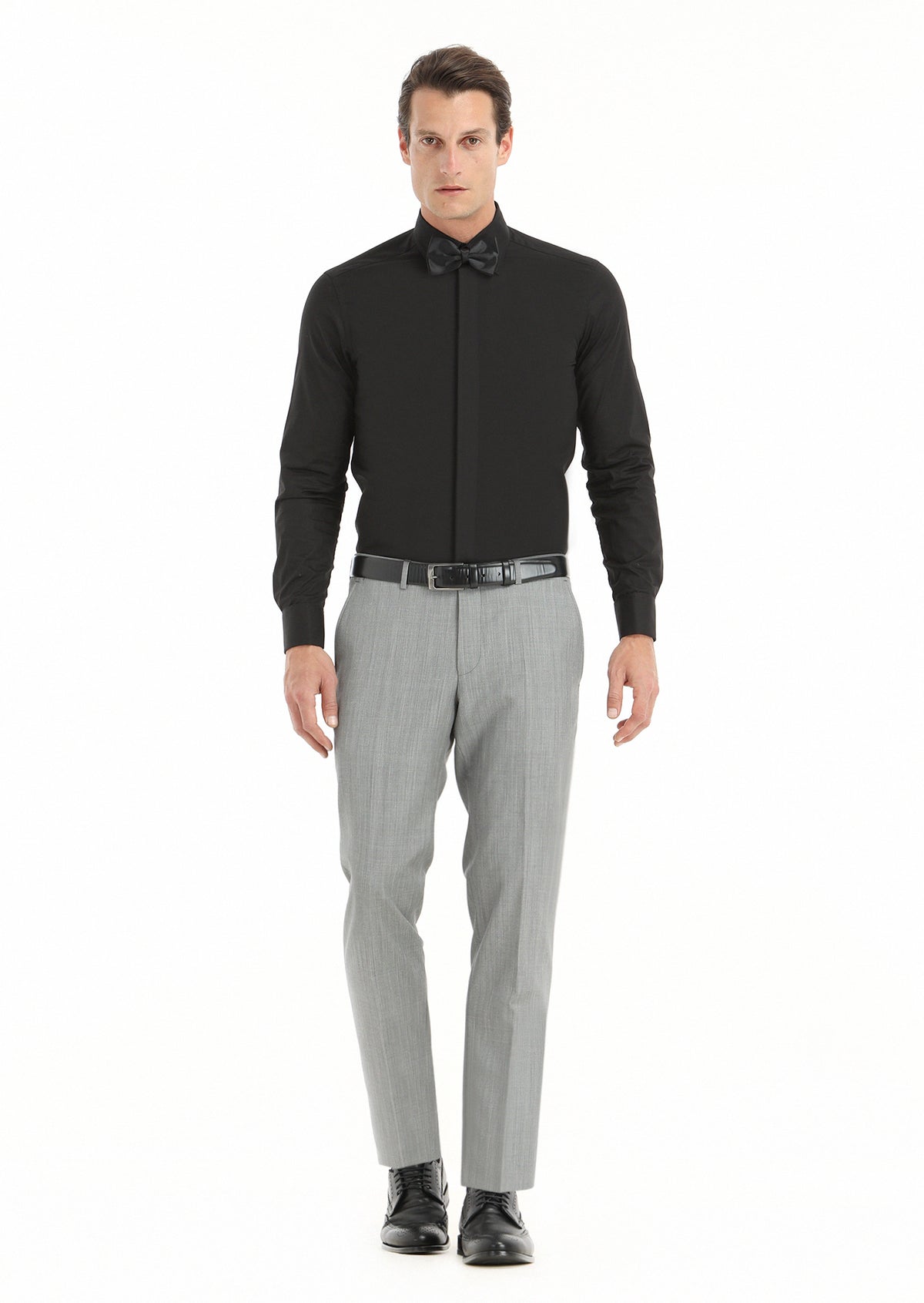 Black Slim Fit Double Cuff Pointed Collar Tuxedo Shirts