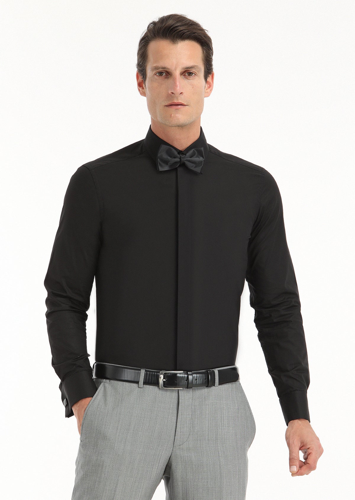 Siyah Slim Fit Duble Manşet Sivri Yaka Smokin Gömlek