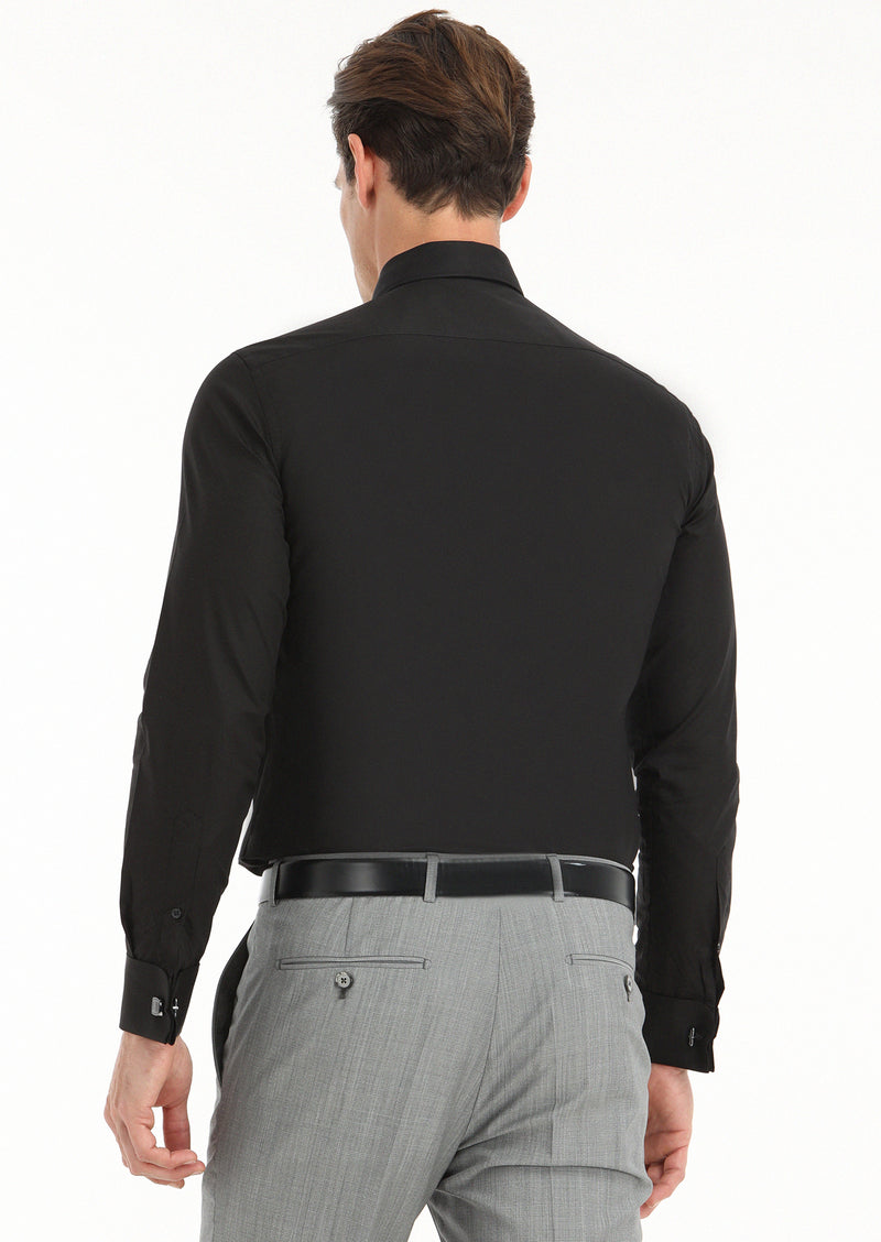 Siyah Slim Fit Duble Manşet Sivri Yaka Smokin Gömlek