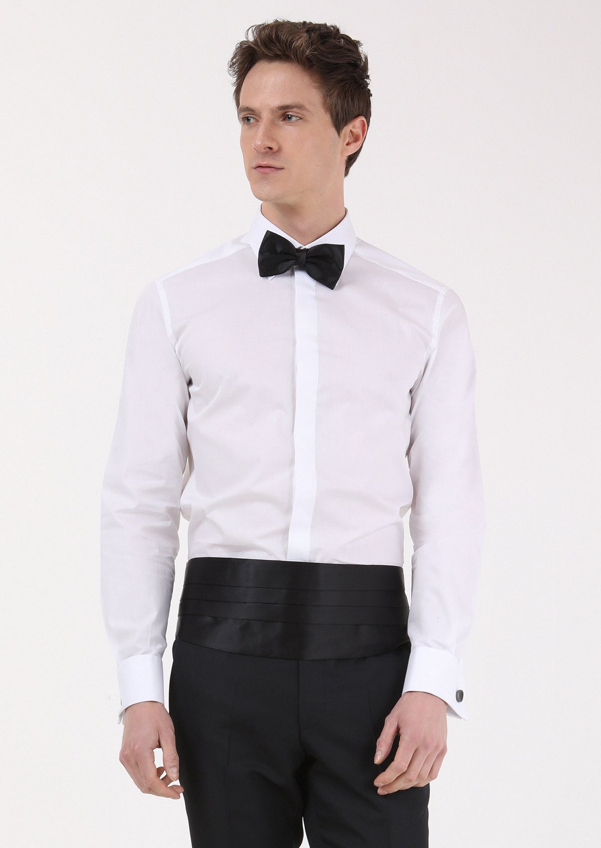White Slim Fit Double Cuff Pointed Collar Tuxedo Shirts